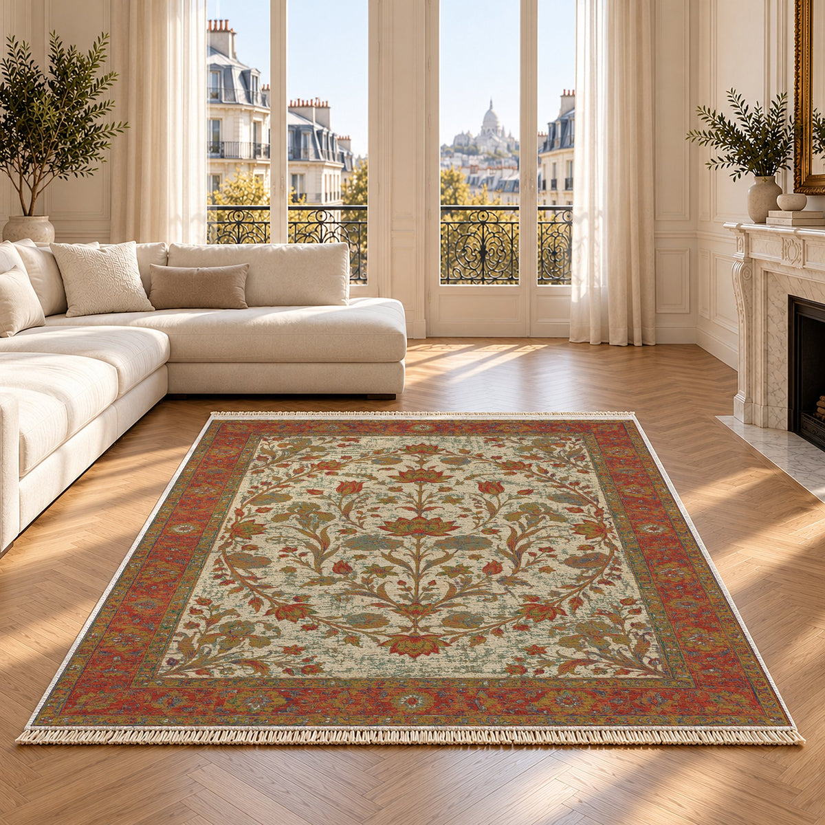 Lotus Pool Emerald & Terracotta washable rug on an oak floor