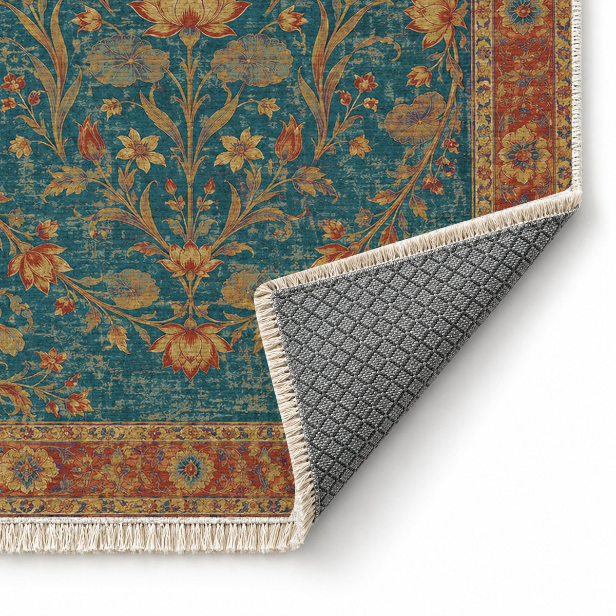 Lotus Pool Peacock & Ochre washable rug folded corner showing the backing