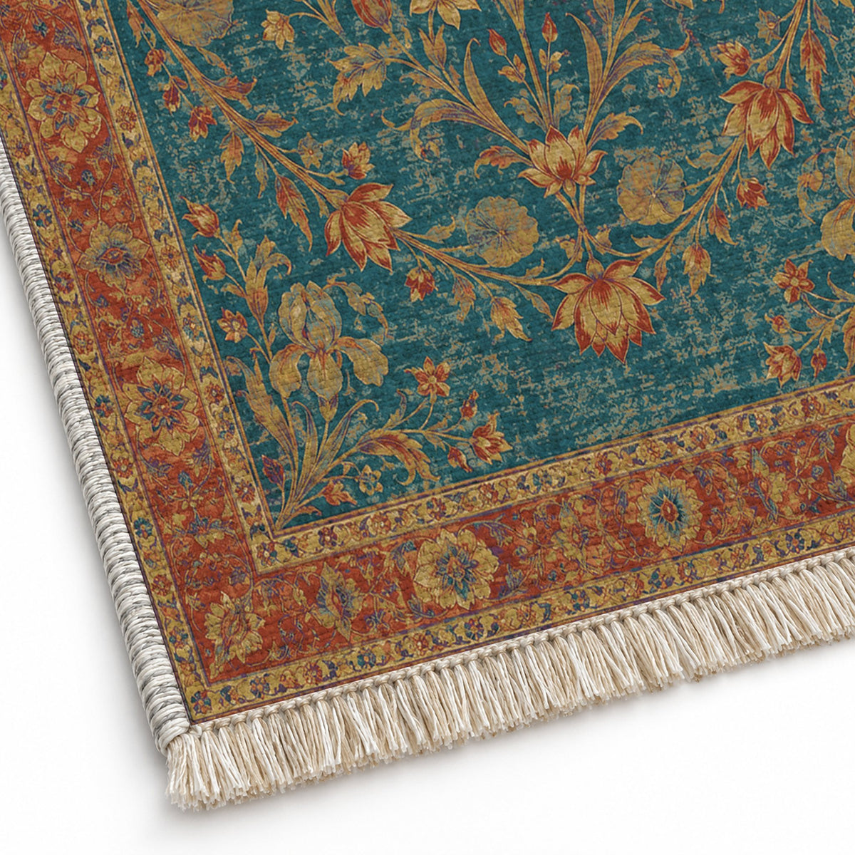 Lotus Pool Peacock & Ochre washable rug close-up of the printed chenille