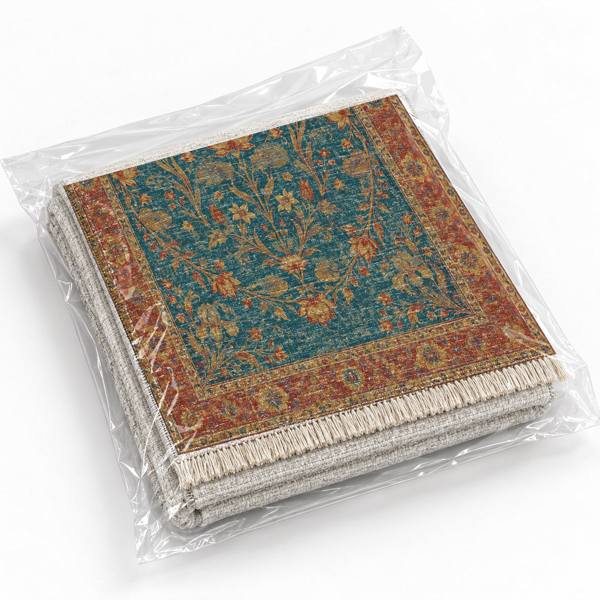 Lotus Pool Peacock & Ochre washable rug rolled and packaged