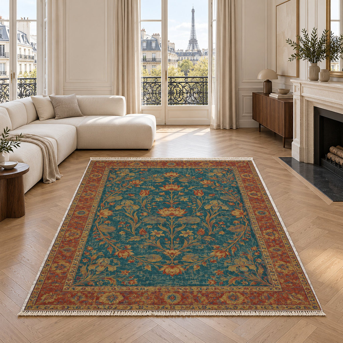 Lotus Pool Peacock & Ochre washable rug in a living room with an Eiffel Tower view