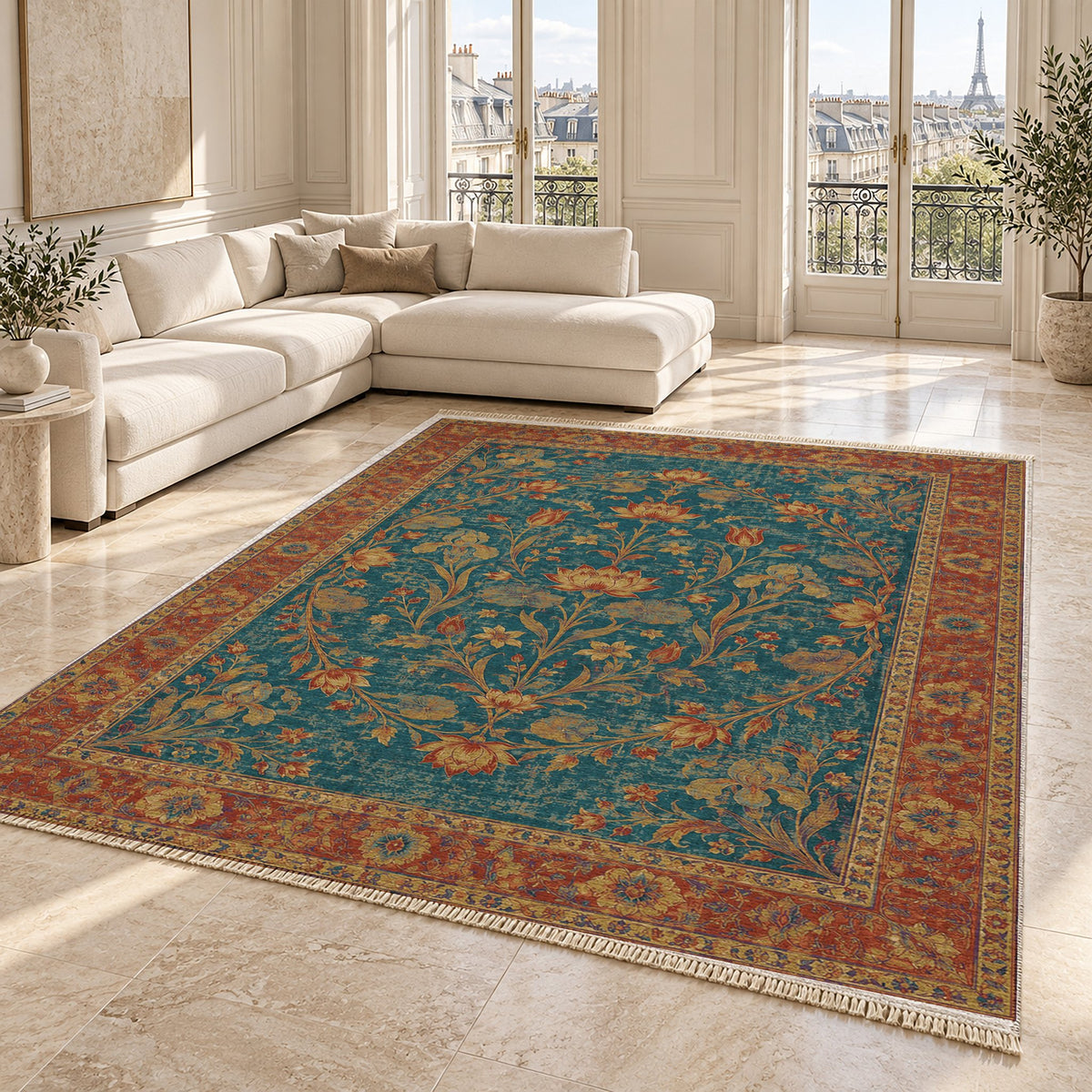 Lotus Pool Peacock & Ochre washable rug angled room view on marble