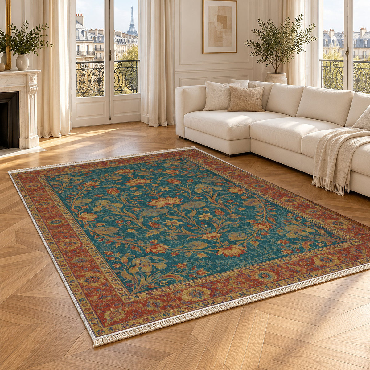 Lotus Pool Peacock & Ochre washable rug angled room view