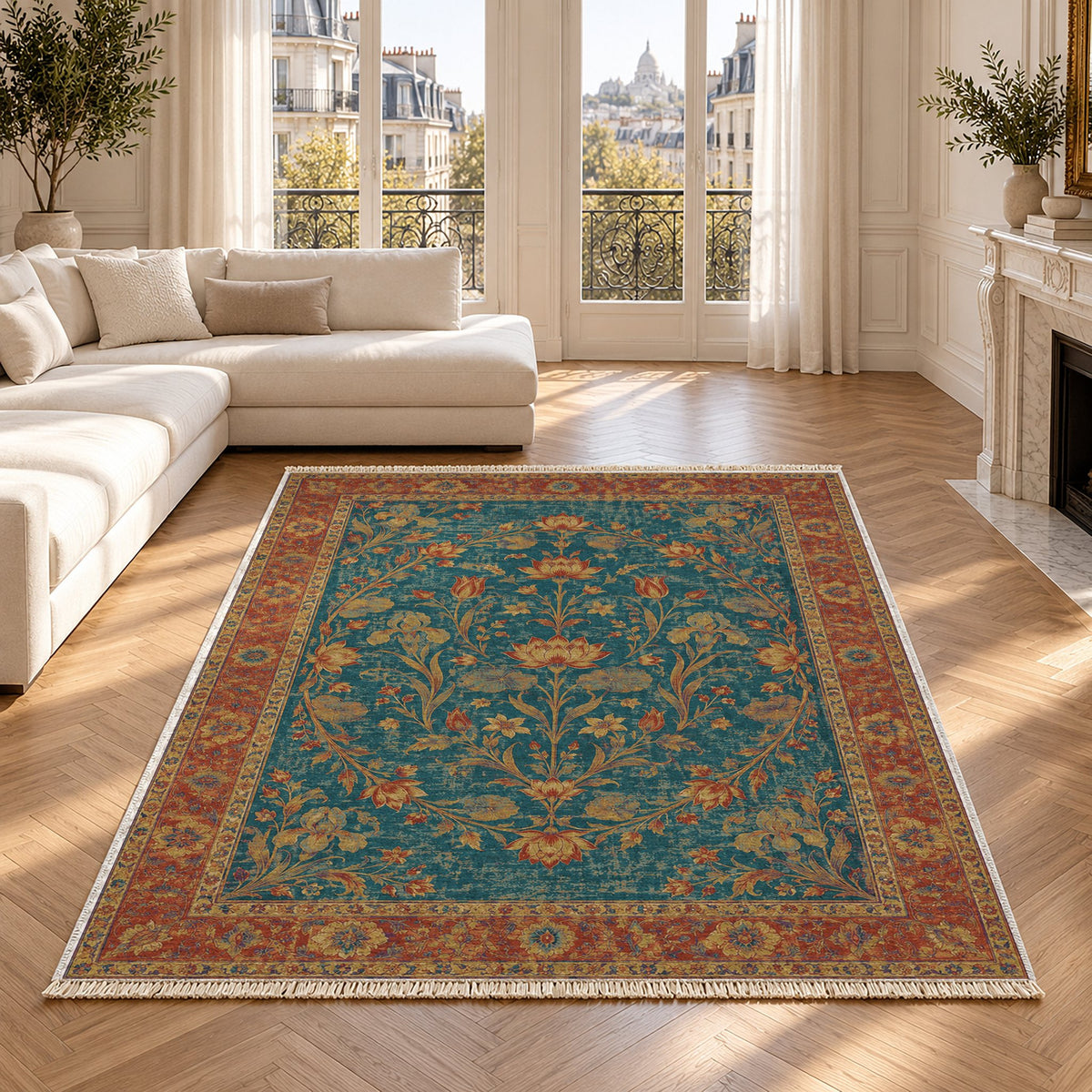 Lotus Pool Peacock & Ochre washable rug in a Paris living room