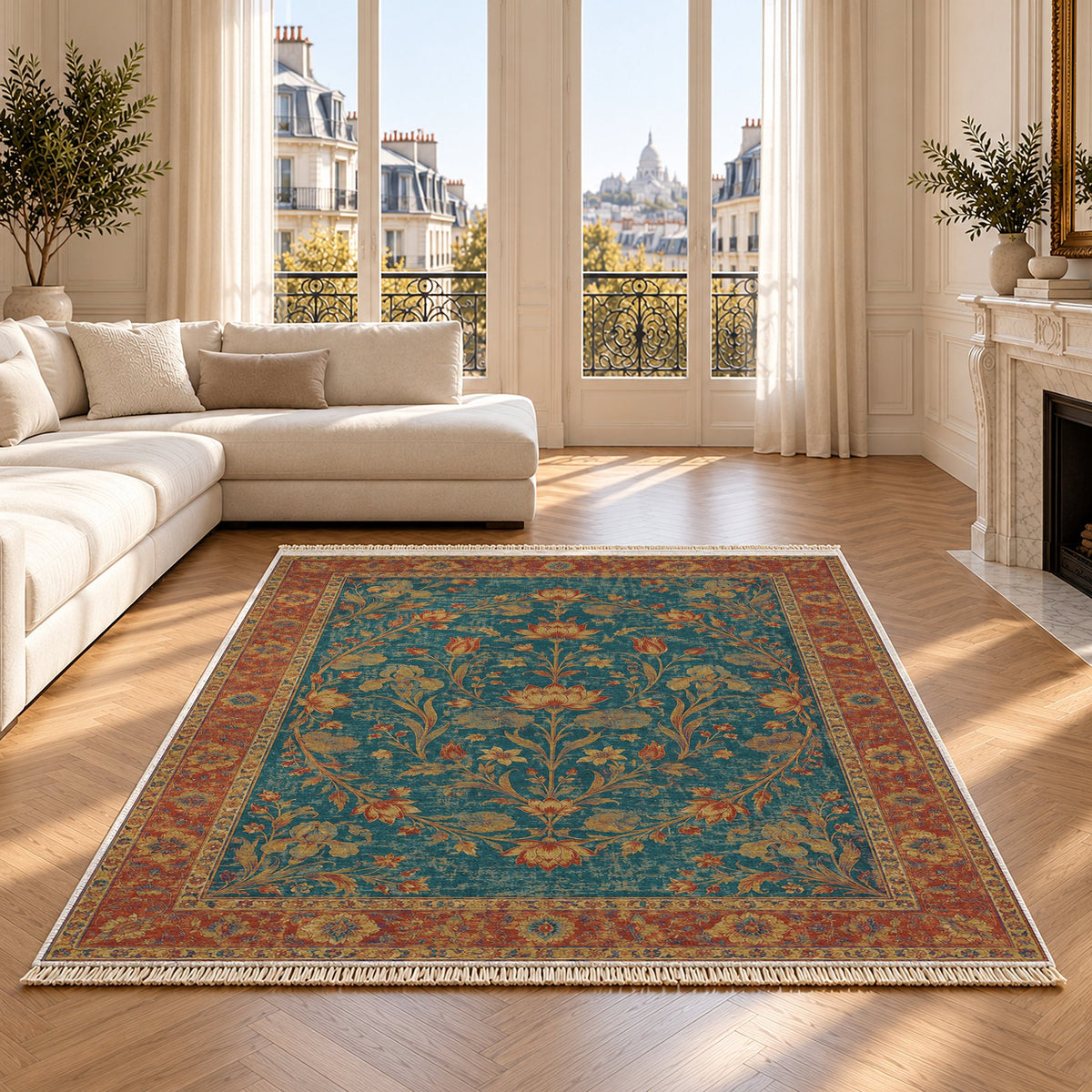 Lotus Pool Peacock & Ochre washable rug on an oak floor