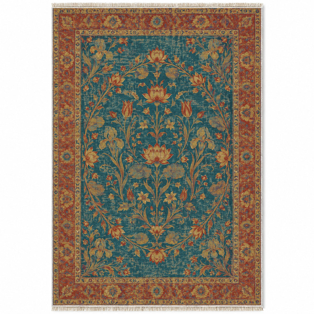 Lotus Pool Peacock & Ochre washable rug top view