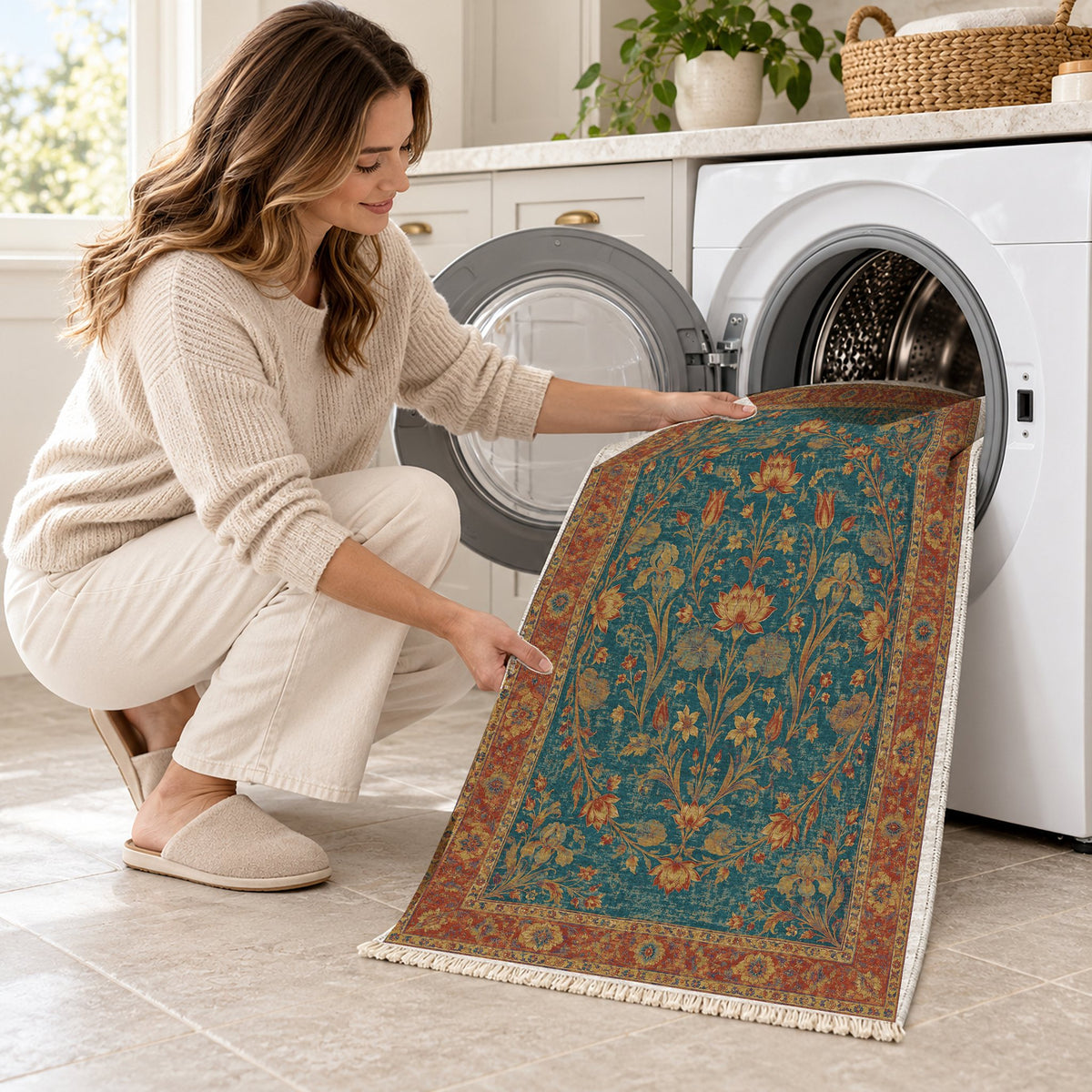 Lotus Pool Peacock & Ochre washable rug being loaded into a washing machine