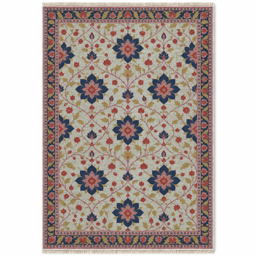 Lotus Rosette Net Glacier, Ink & Vermilion Distressed Washable Rug