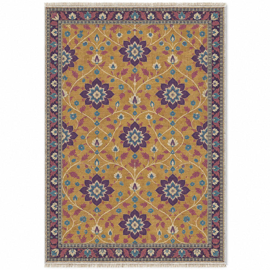 Lotus Rosette Net Golden, Plum & Azure Distressed Washable Rug
