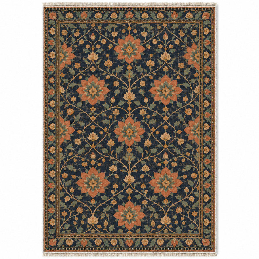 Lotus Rosette Net Midnight & Melon Distressed Washable Rug