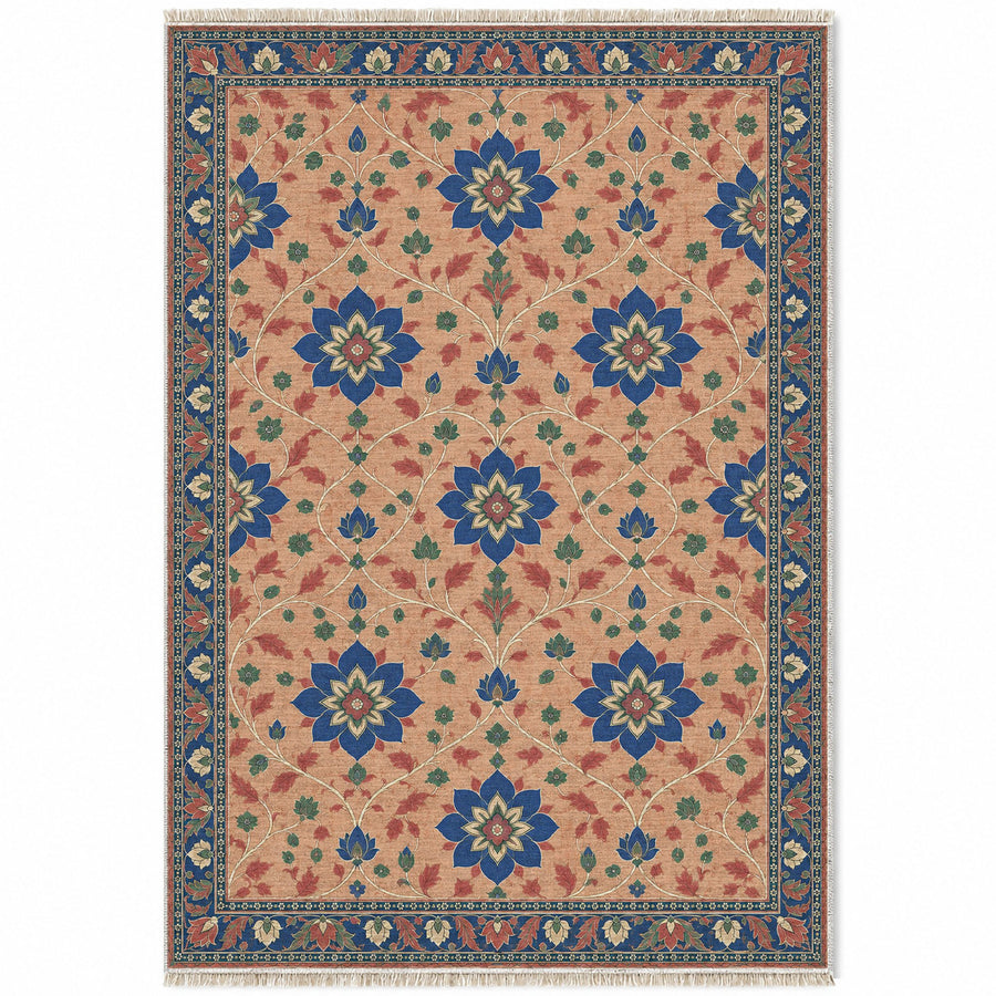 Lotus Rosette Net Peach, Cobalt & Jade Distressed Washable Rug