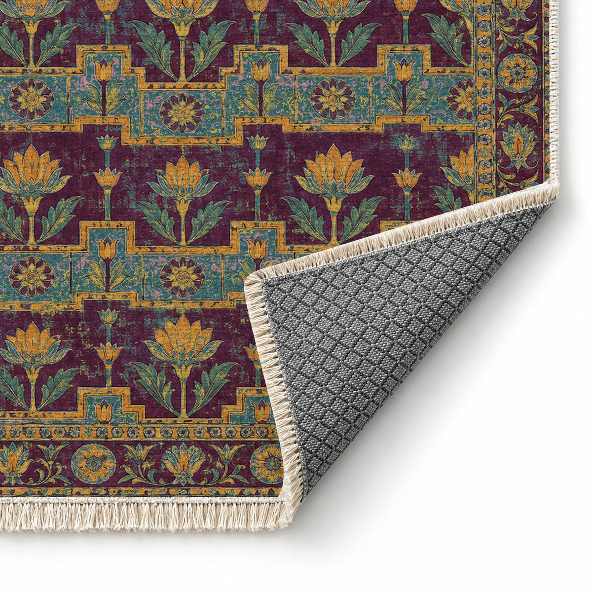 Lotus Stair Burgundy & Teal washable rug folded corner showing the backing
