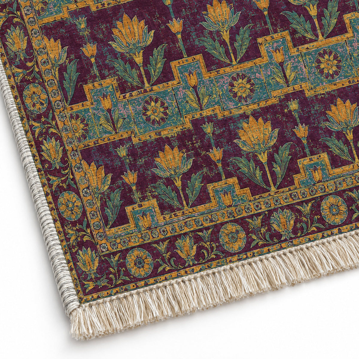 Lotus Stair Burgundy & Teal washable rug close-up of the printed chenille