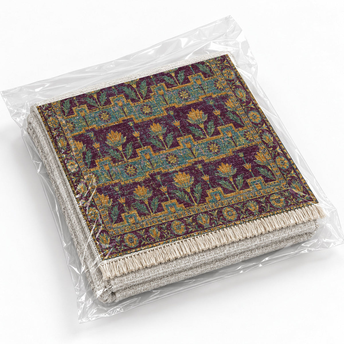 Lotus Stair Burgundy & Teal washable rug rolled and packaged