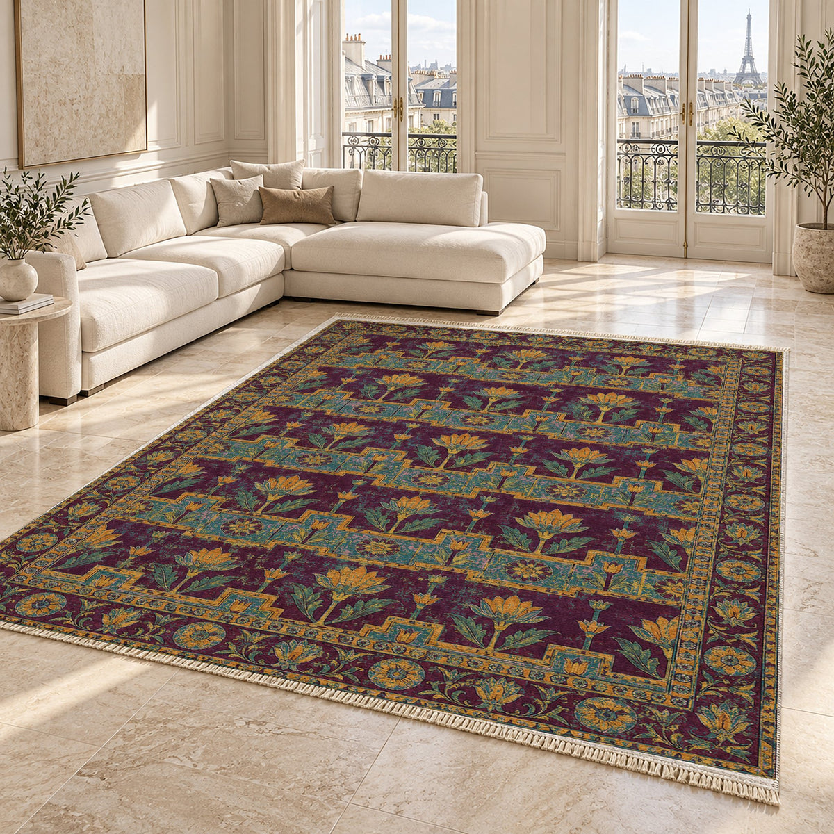 Lotus Stair Burgundy & Teal washable rug angled room view on marble