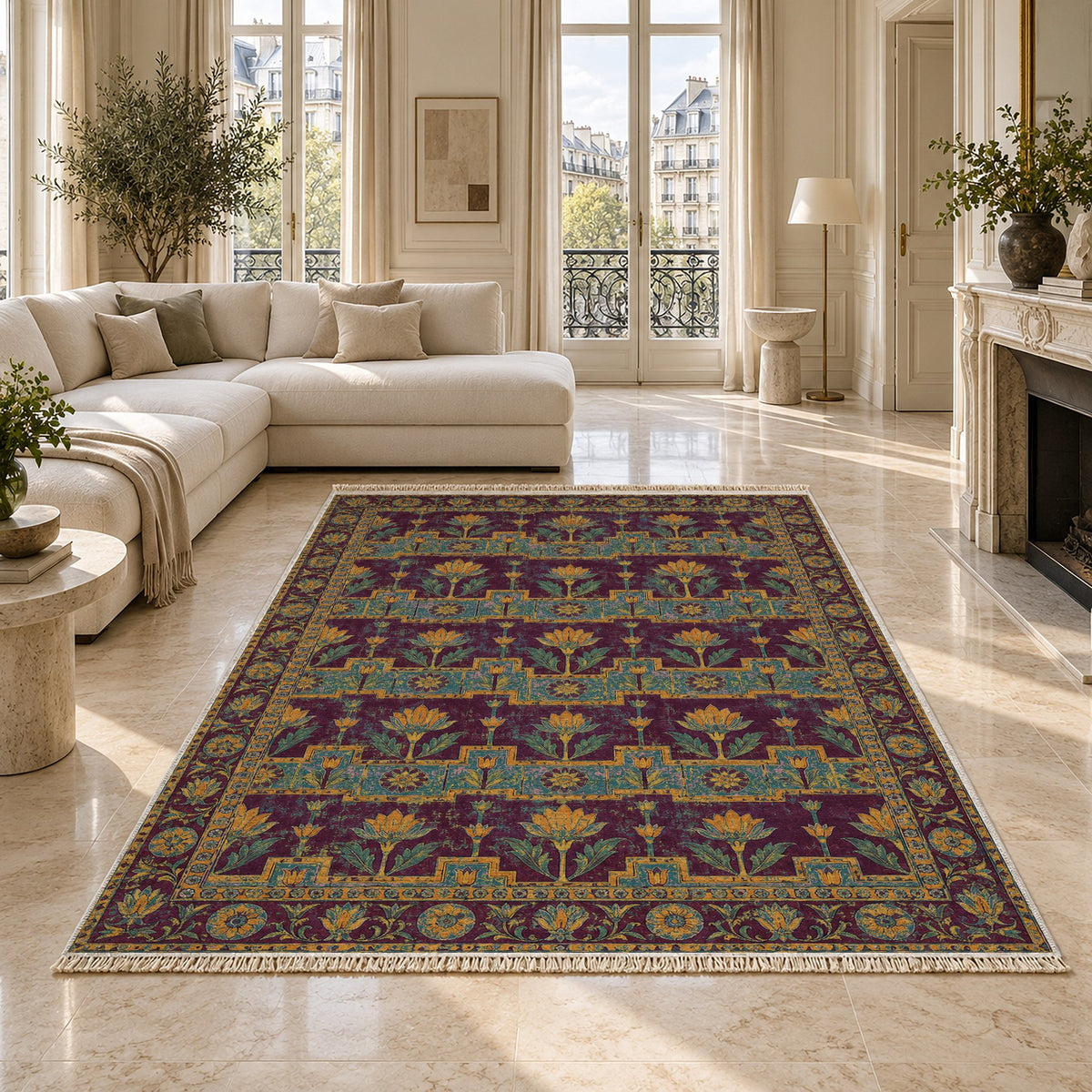 Lotus Stair Burgundy & Teal washable rug on a marble floor