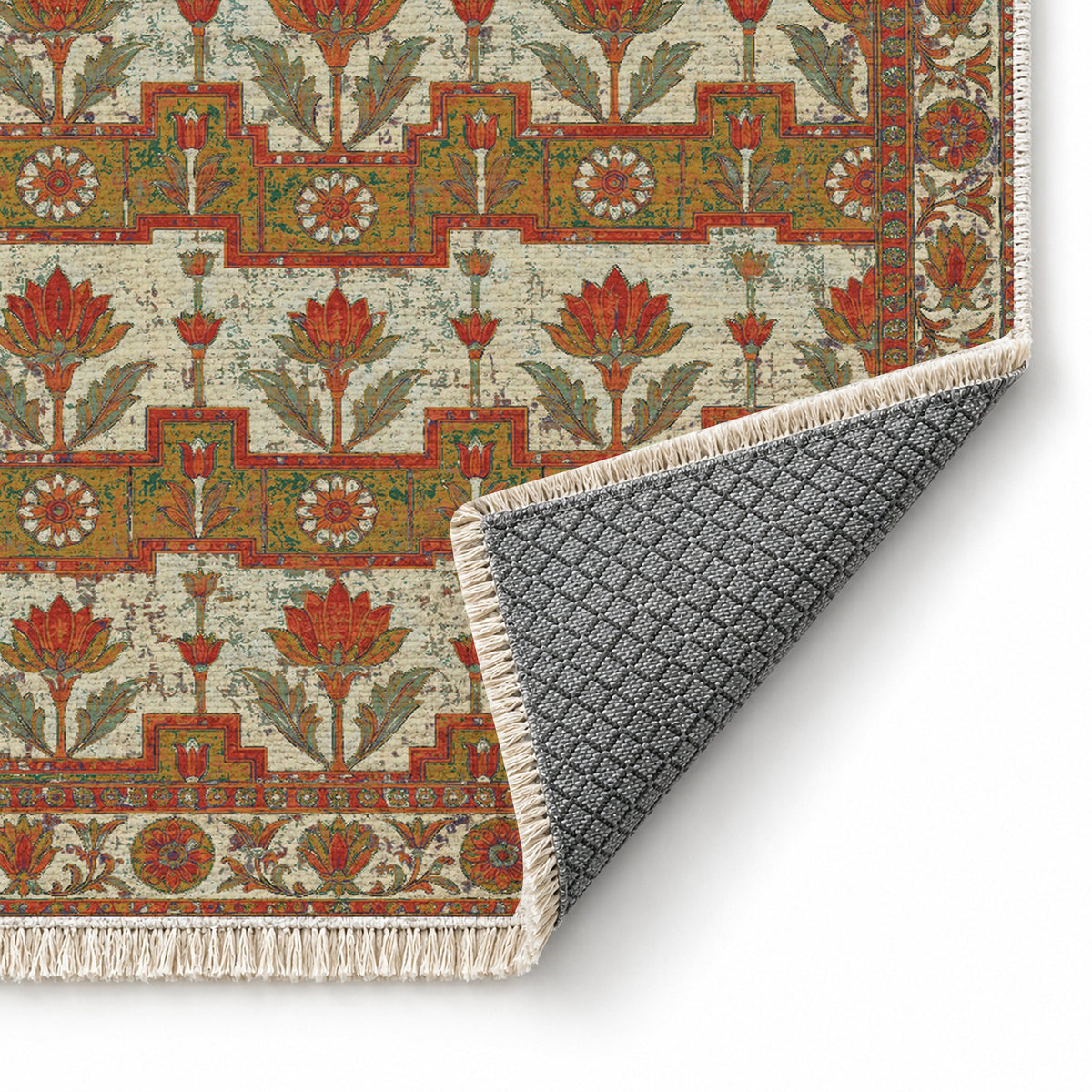 Lotus Stair Emerald & Terracotta washable rug folded corner showing the backing