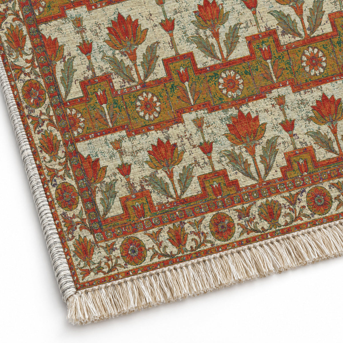 Lotus Stair Emerald & Terracotta washable rug close-up of the printed chenille