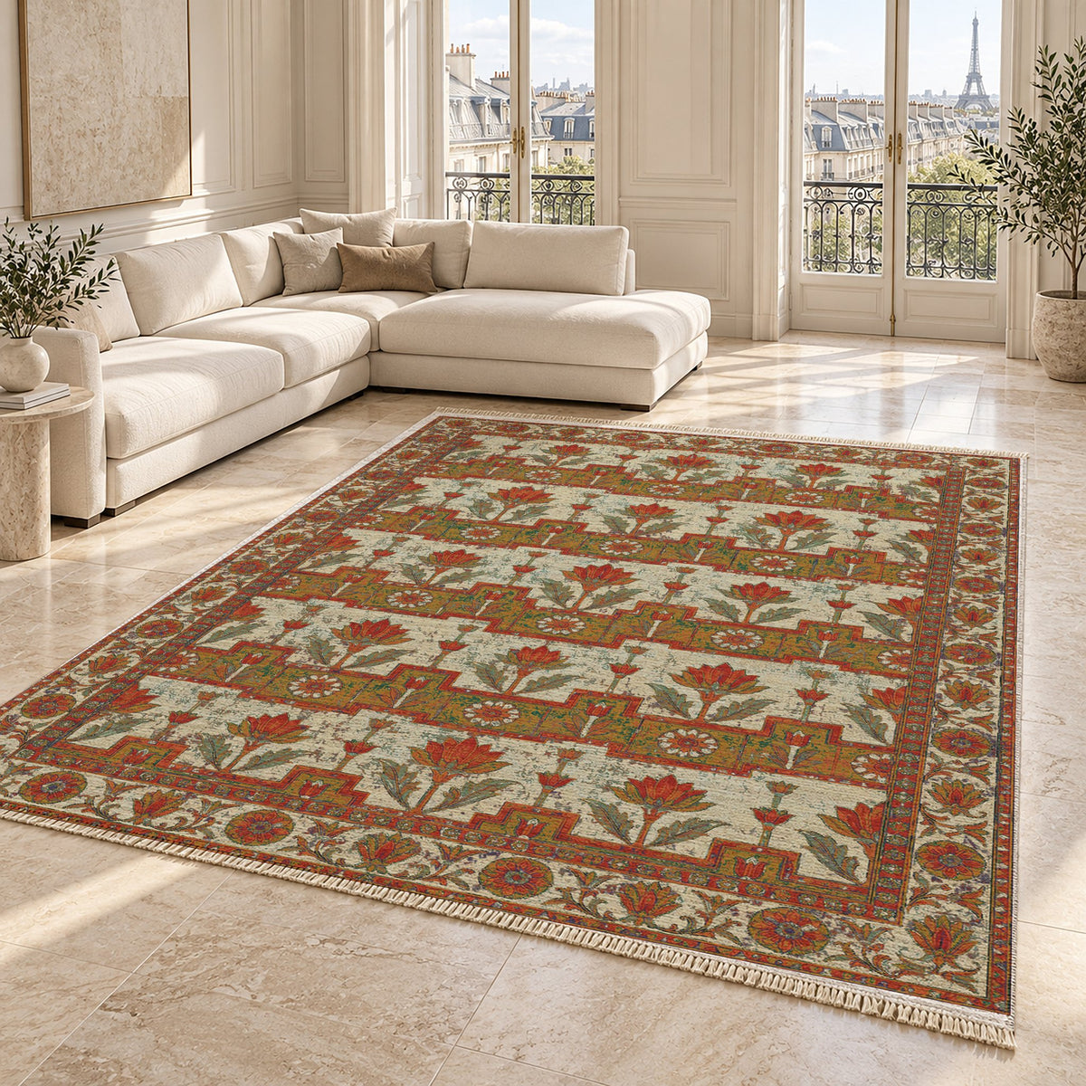 Lotus Stair Emerald & Terracotta washable rug angled room view on marble
