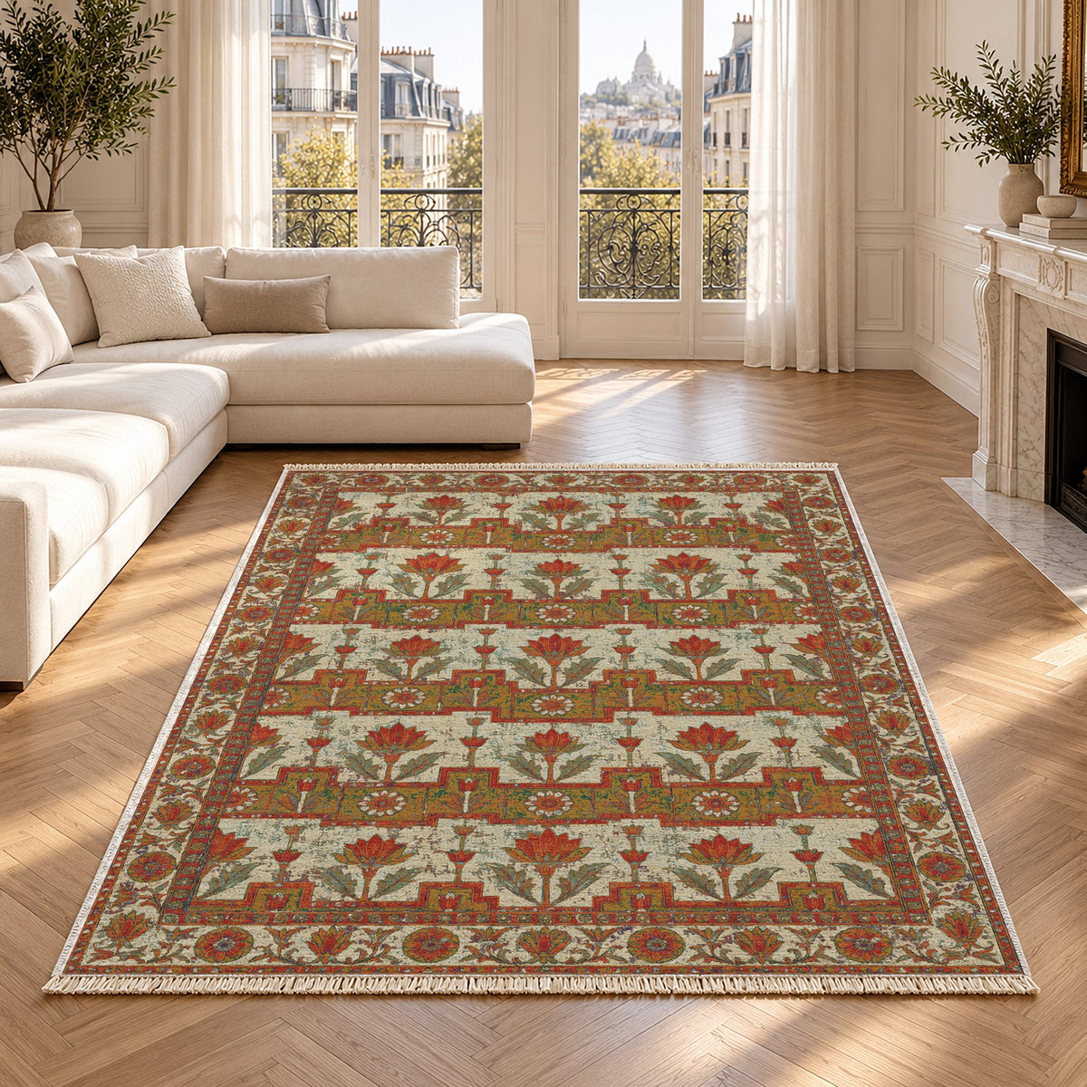 Lotus Stair Emerald & Terracotta washable rug in a Paris living room