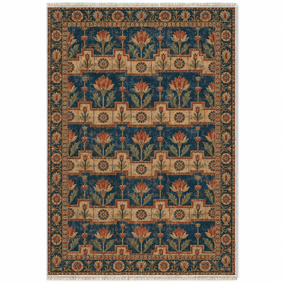 Lotus Stair Indigo & Rust Persian Washable Rug
