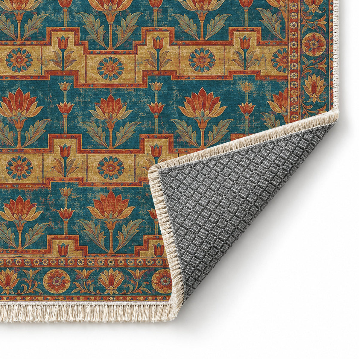 Lotus Stair Peacock & Ochre washable rug folded corner showing the backing