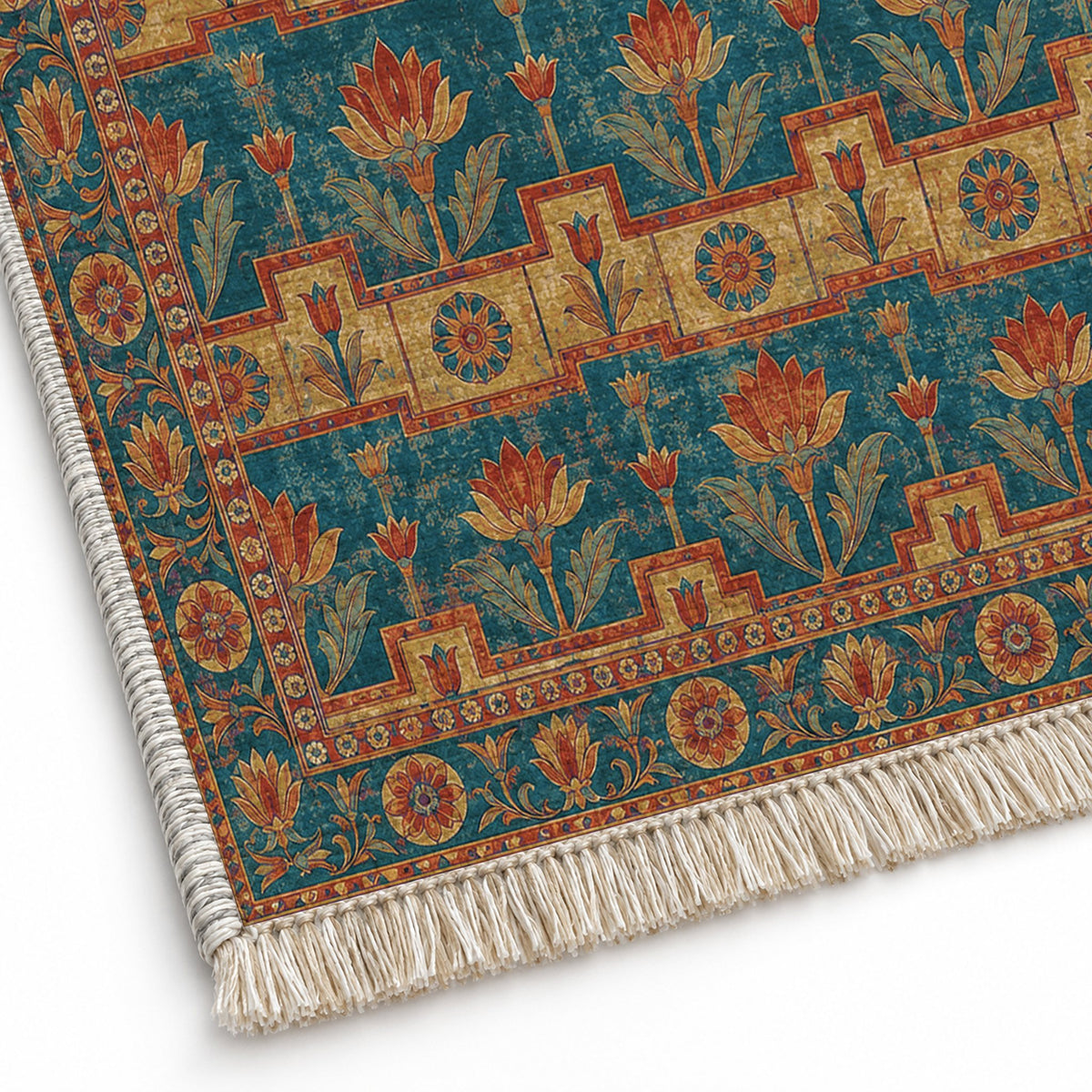 Lotus Stair Peacock & Ochre washable rug close-up of the printed chenille