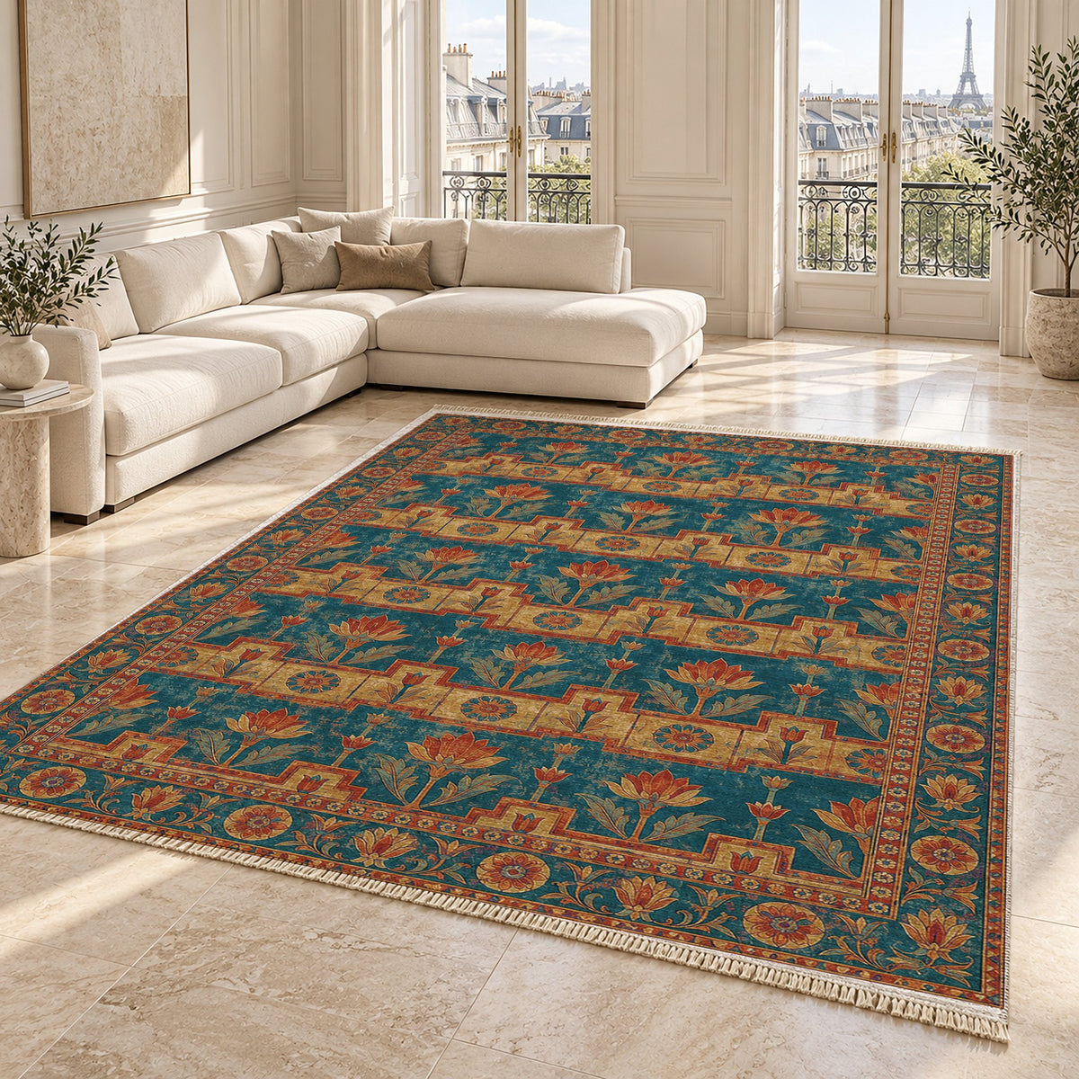 Lotus Stair Peacock & Ochre washable rug angled room view on marble