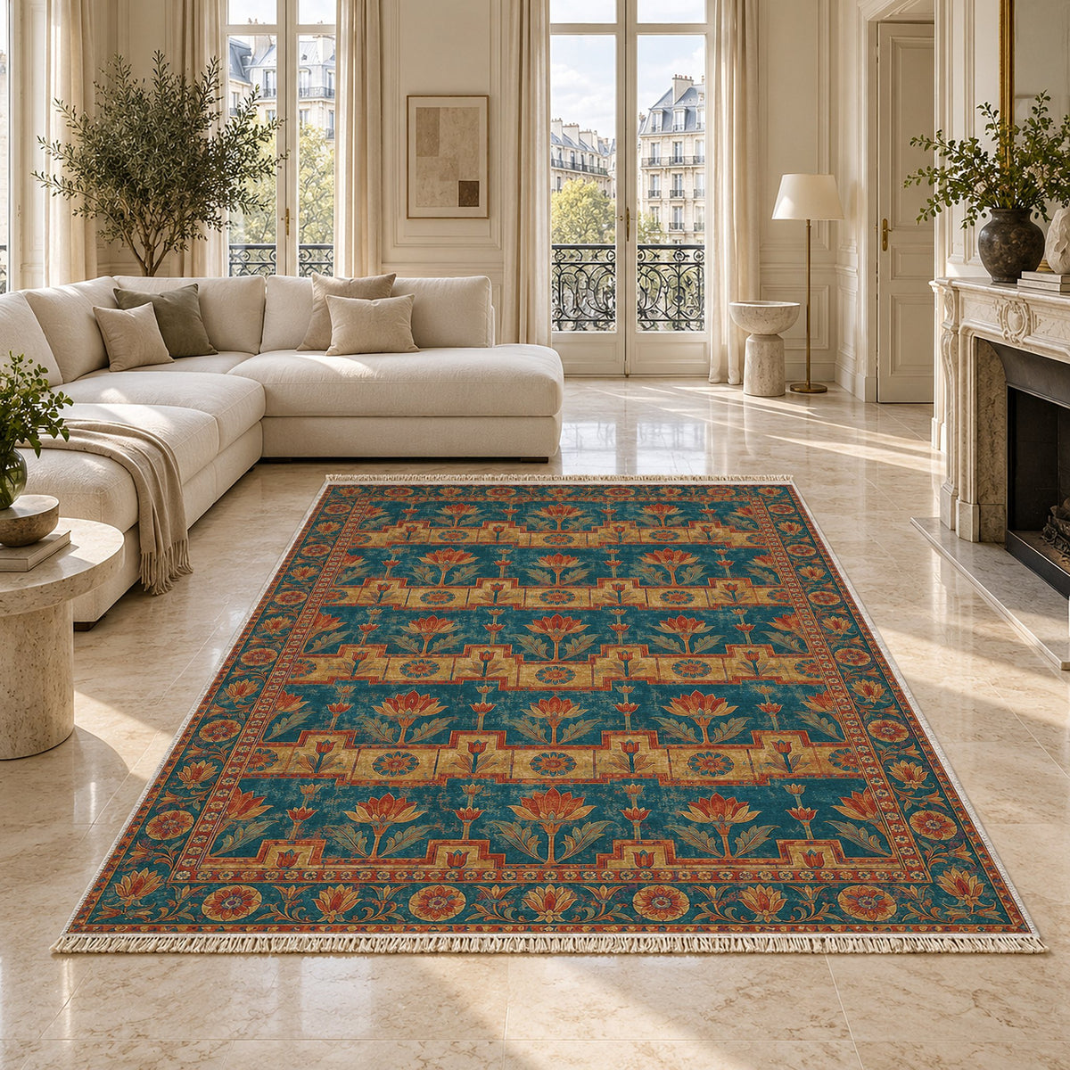 Lotus Stair Peacock & Ochre washable rug on a marble floor