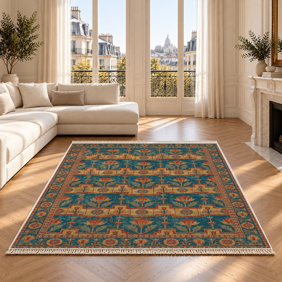 Lotus Stair Peacock & Ochre washable rug on an oak floor