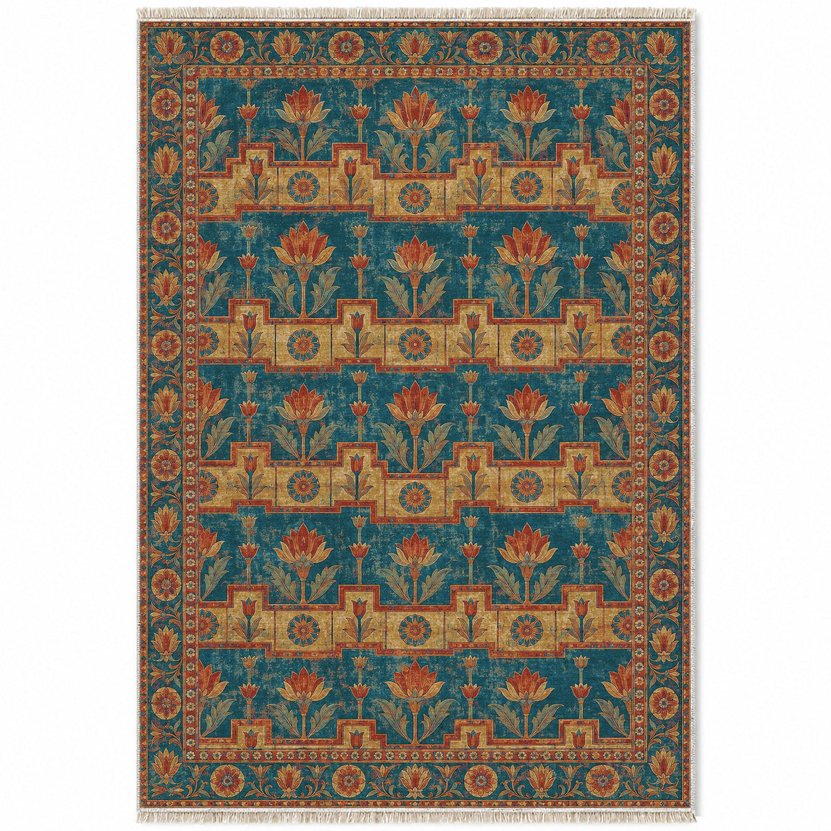 Lotus Stair Peacock & Ochre washable rug top view