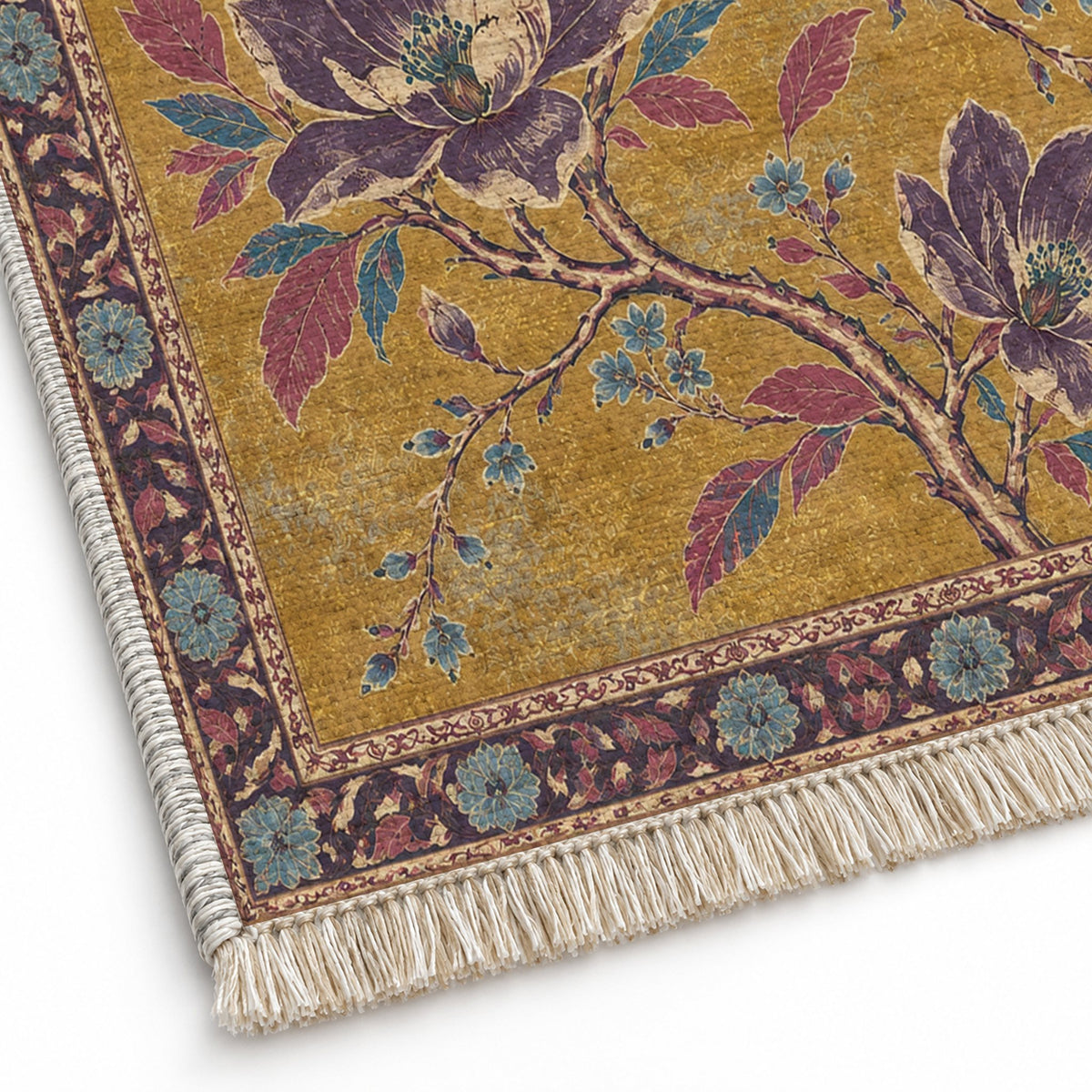 Magnolia Branch Crossing Golden, Plum & Azure washable rug close-up of the printed chenille