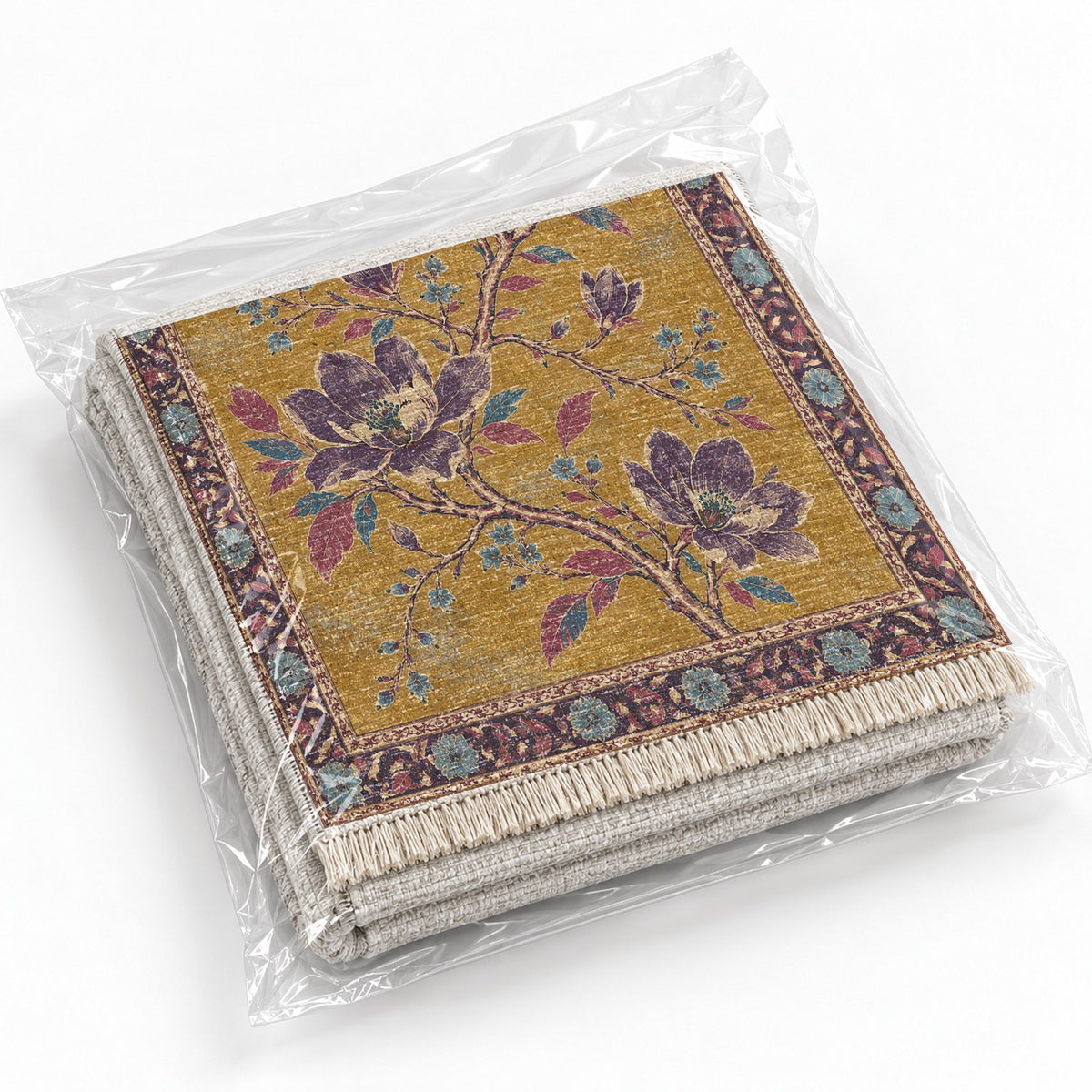 Magnolia Branch Crossing Golden, Plum & Azure washable rug rolled and packaged