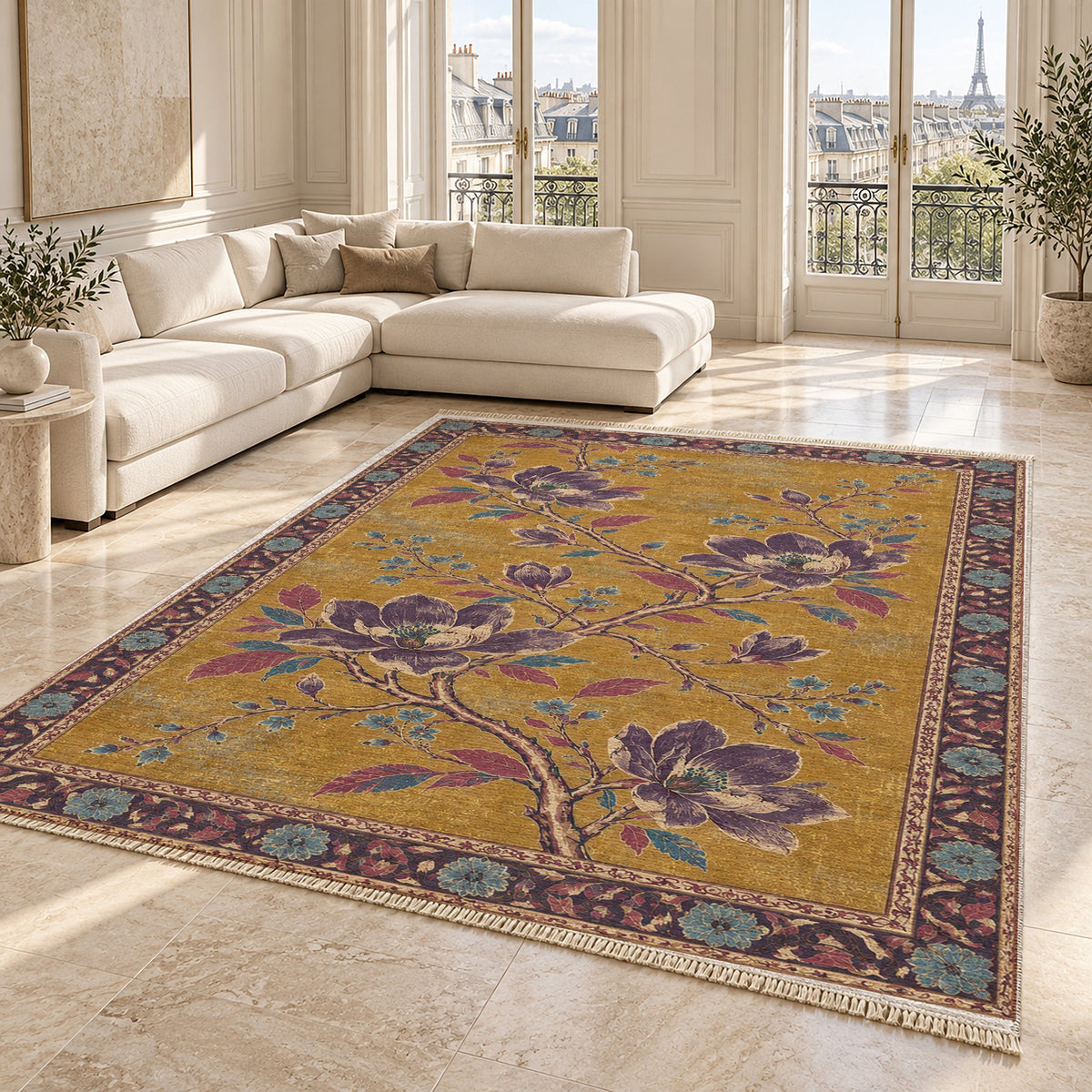 Magnolia Branch Crossing Golden, Plum & Azure washable rug angled room view on marble