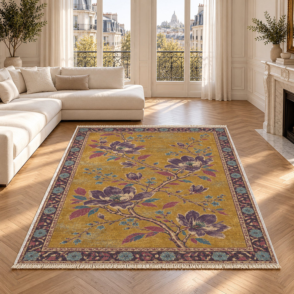Magnolia Branch Crossing Golden, Plum & Azure washable rug in a Paris living room