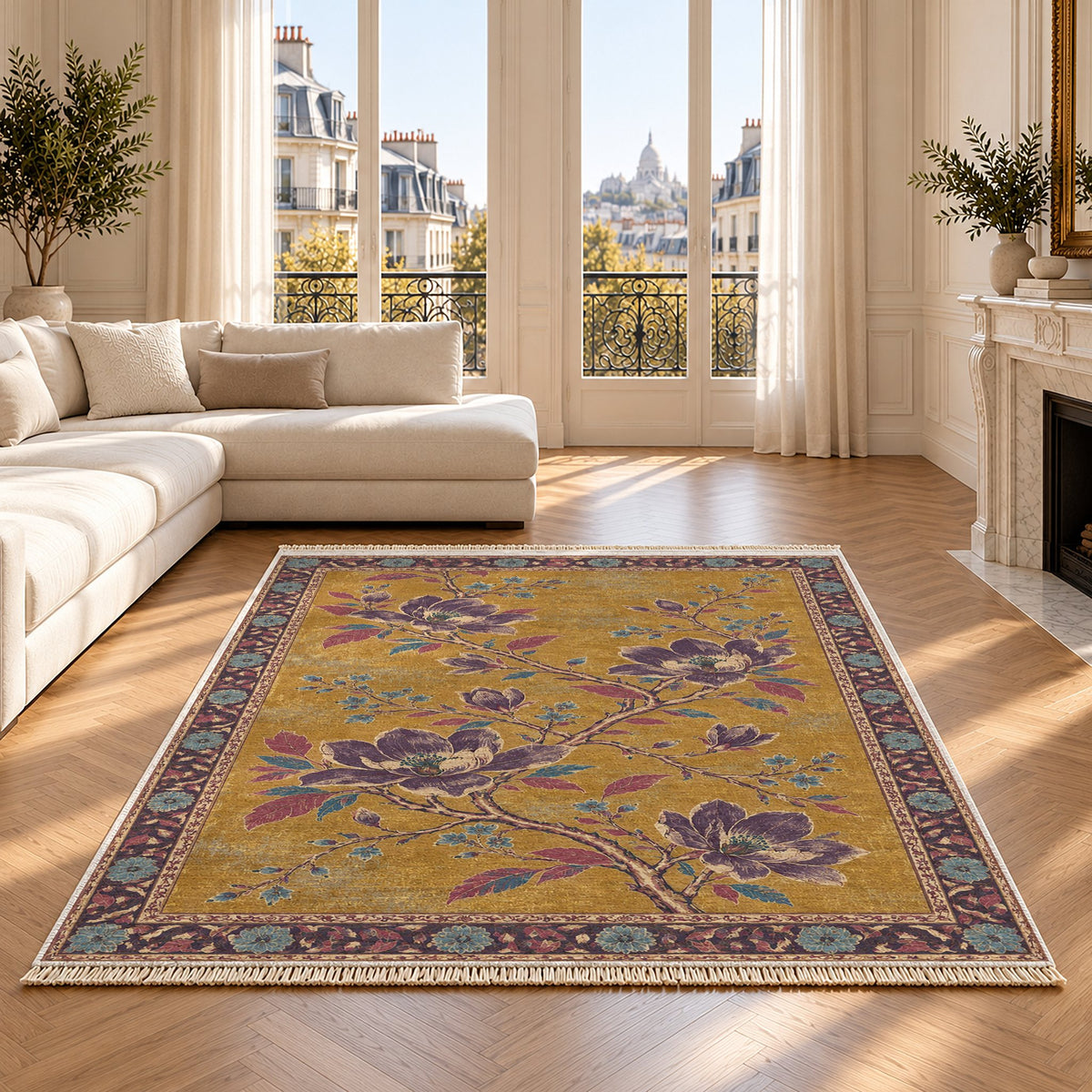 Magnolia Branch Crossing Golden, Plum & Azure washable rug on an oak floor