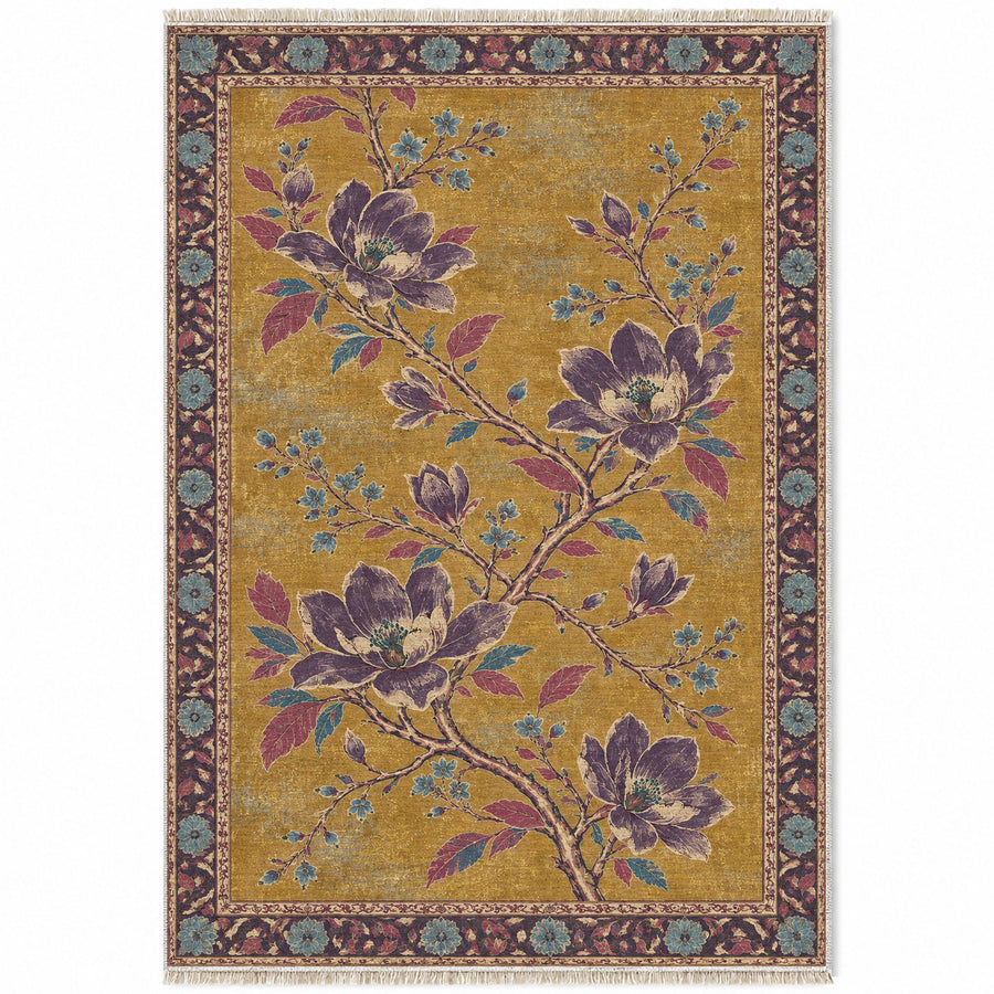 Magnolia Branch Crossing Golden, Plum & Azure Distressed Washable Rug