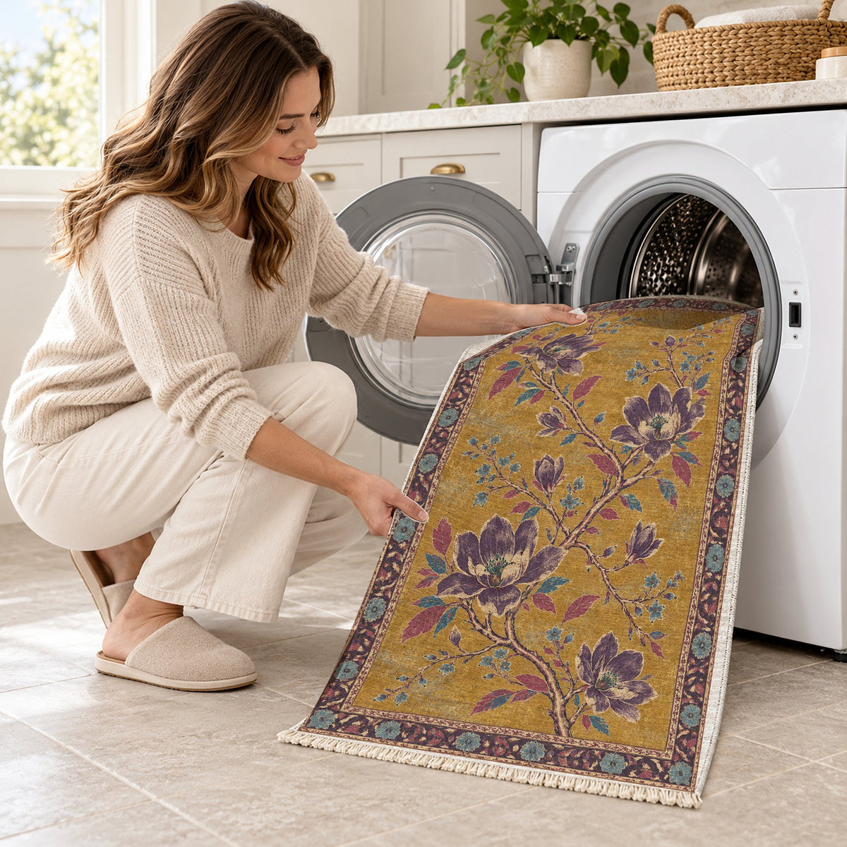 Magnolia Branch Crossing Golden, Plum & Azure washable rug being loaded into a washing machine