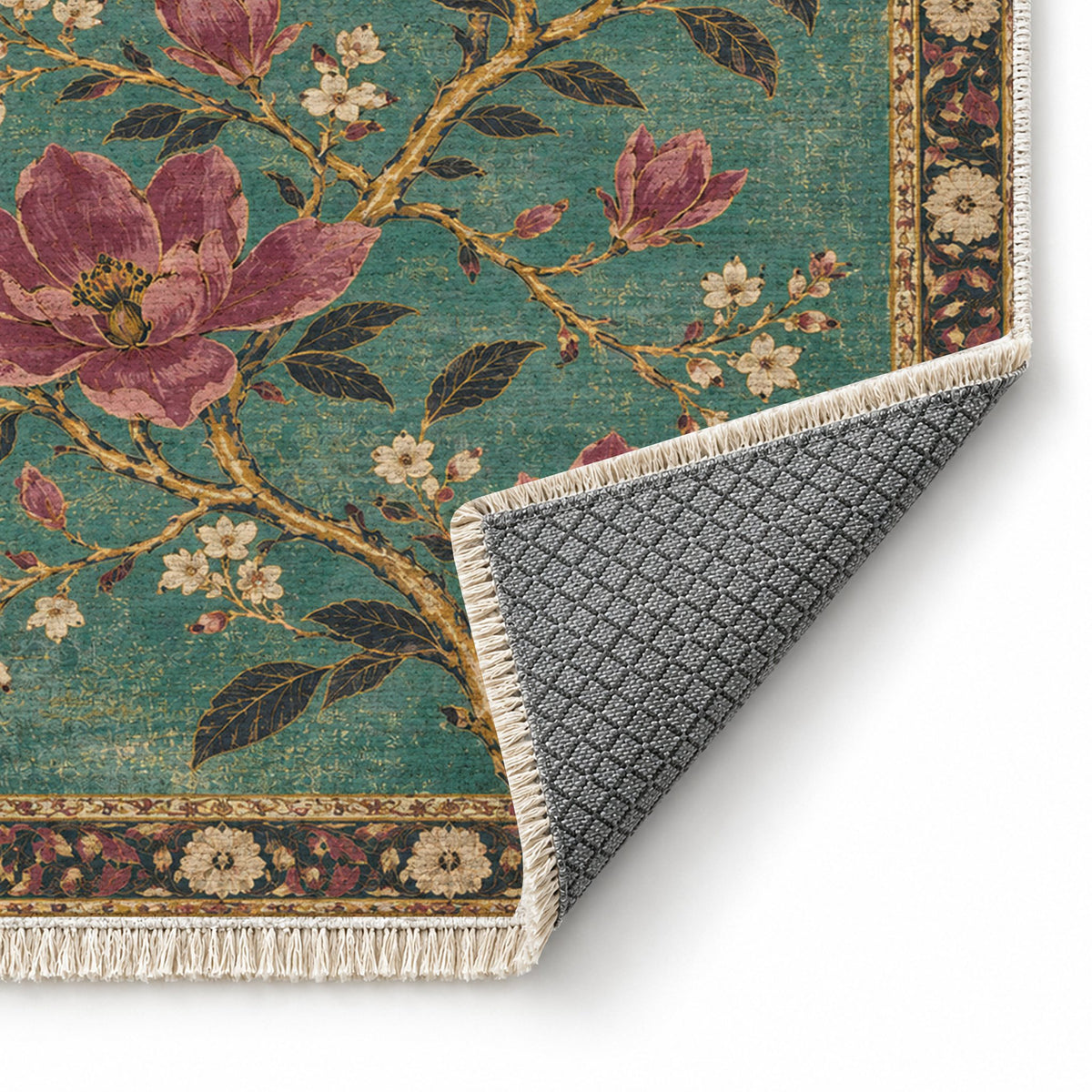 Magnolia Branch Crossing Lagoon & Berry washable rug folded corner showing the backing