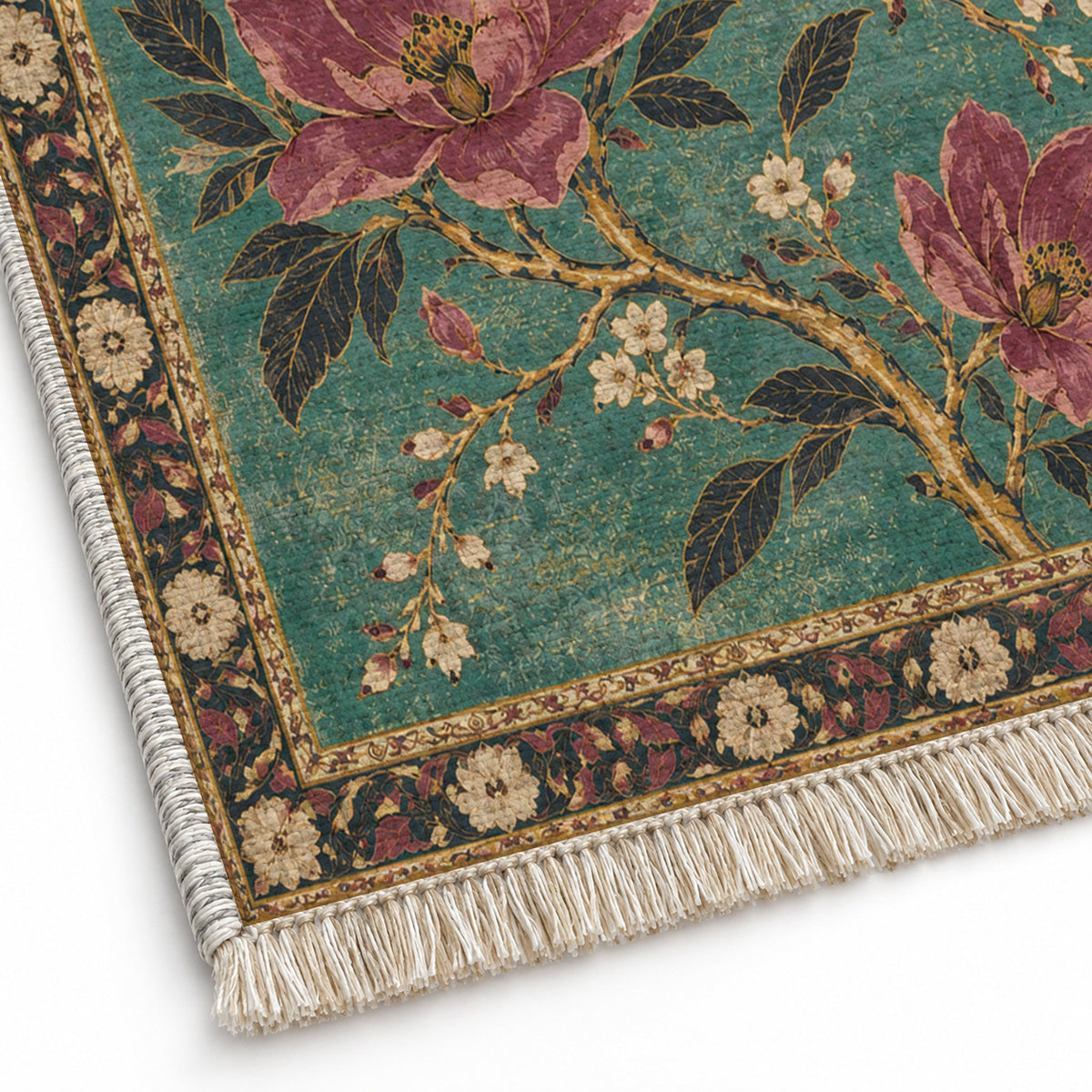 Magnolia Branch Crossing Lagoon & Berry washable rug close-up of the printed chenille