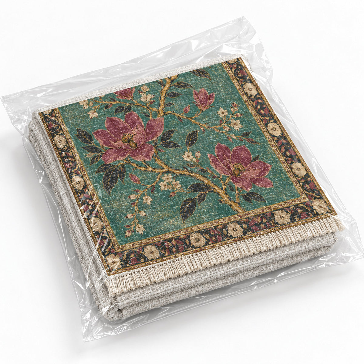 Magnolia Branch Crossing Lagoon & Berry washable rug rolled and packaged