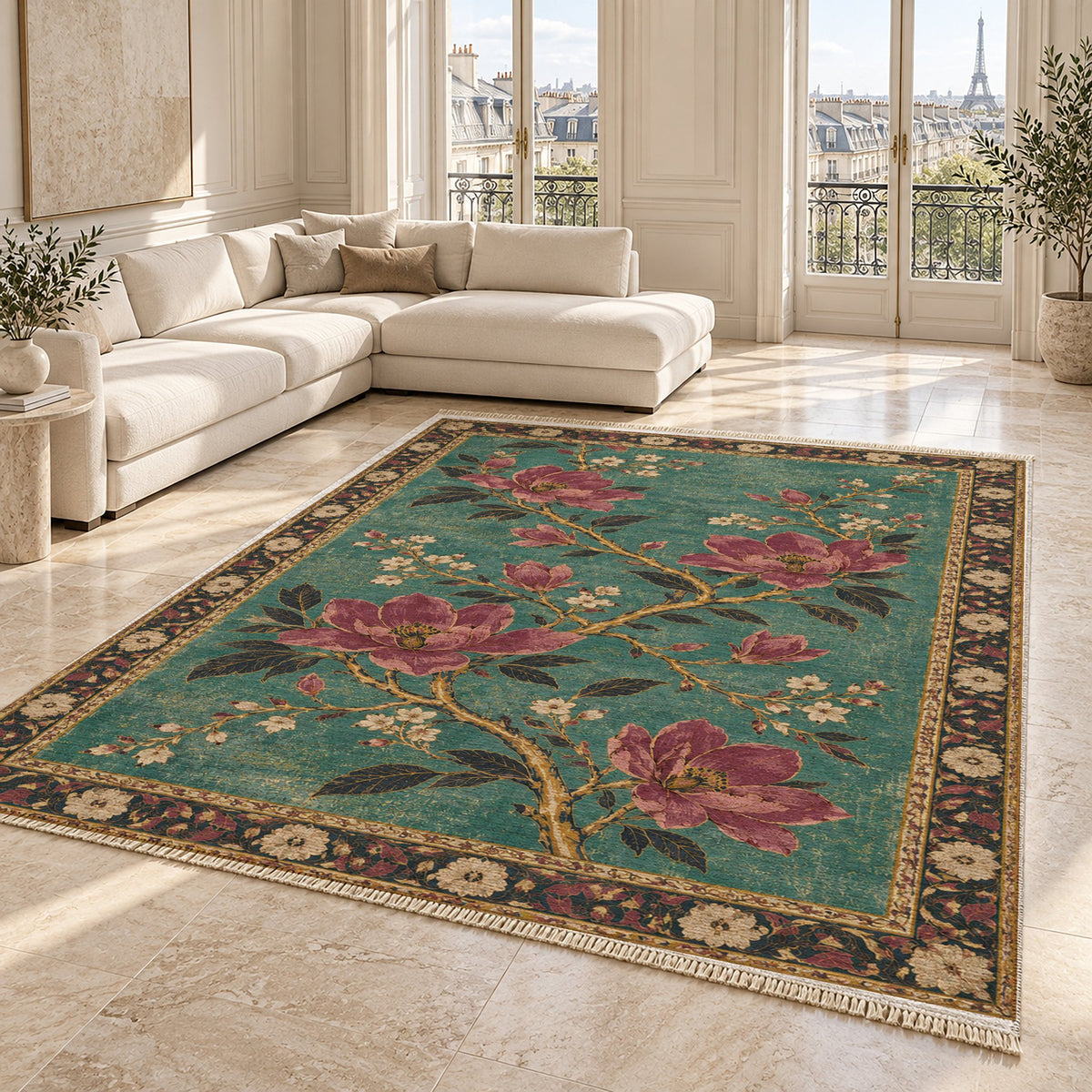 Magnolia Branch Crossing Lagoon & Berry washable rug angled room view on marble