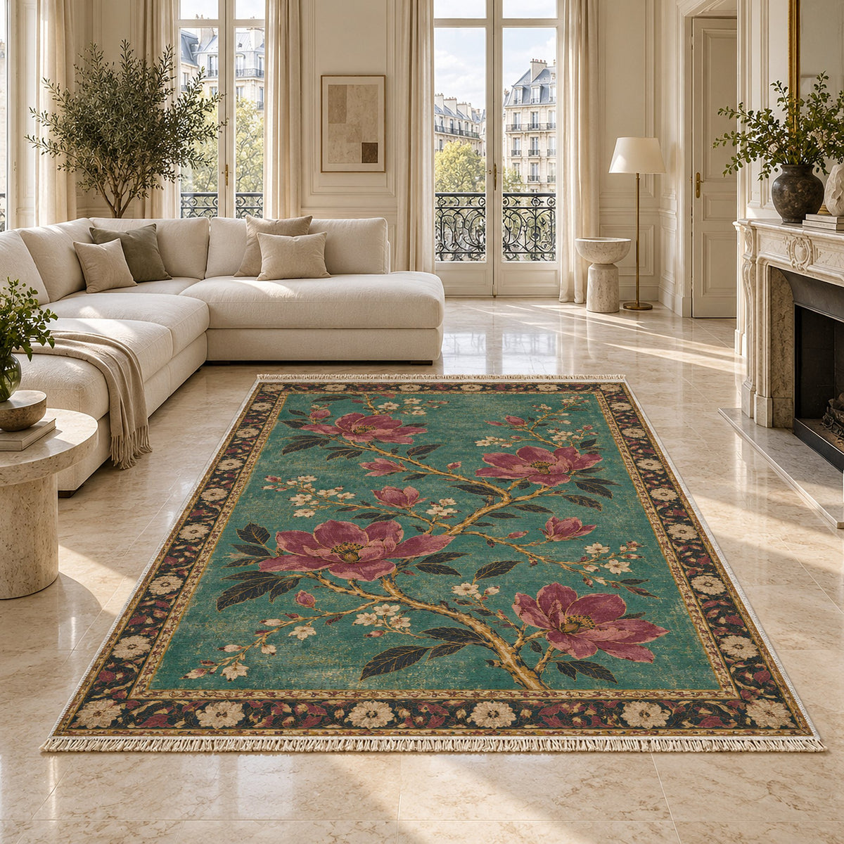Magnolia Branch Crossing Lagoon & Berry washable rug on a marble floor