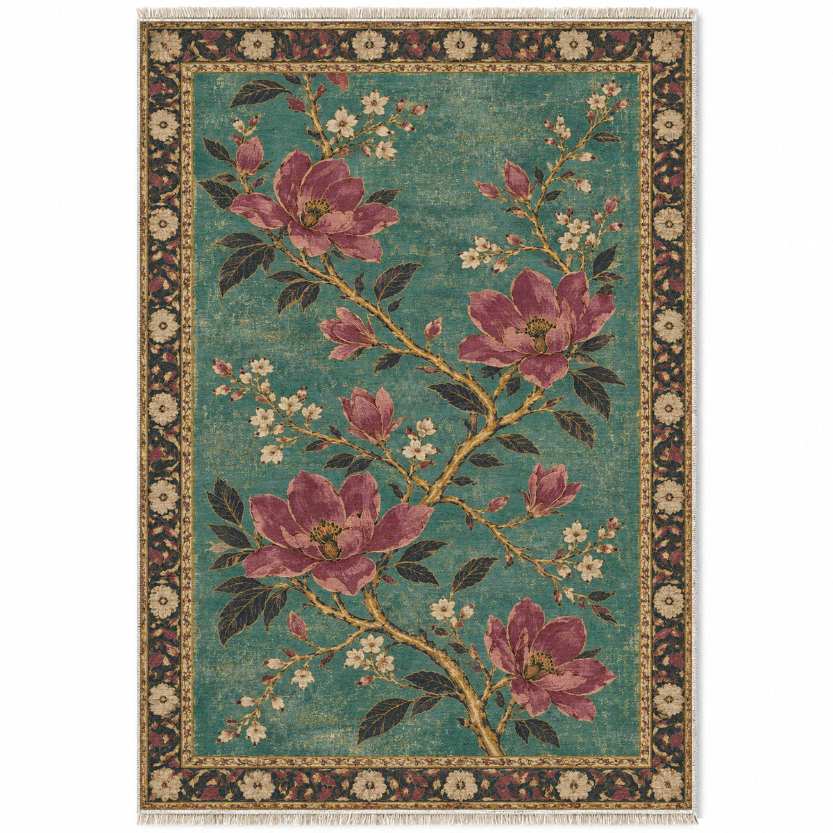 Magnolia Branch Crossing Lagoon & Berry washable rug top view