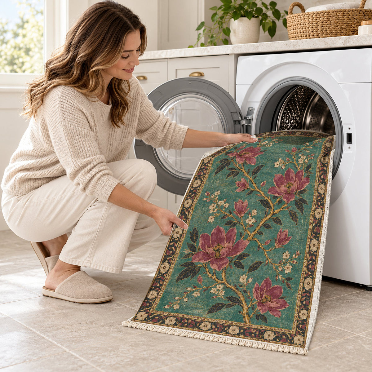 Magnolia Branch Crossing Lagoon & Berry washable rug being loaded into a washing machine