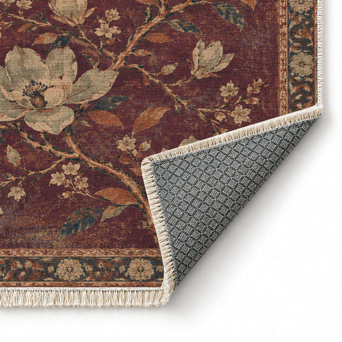 Magnolia Branch Crossing Mulberry & Celadon washable rug folded corner showing the backing