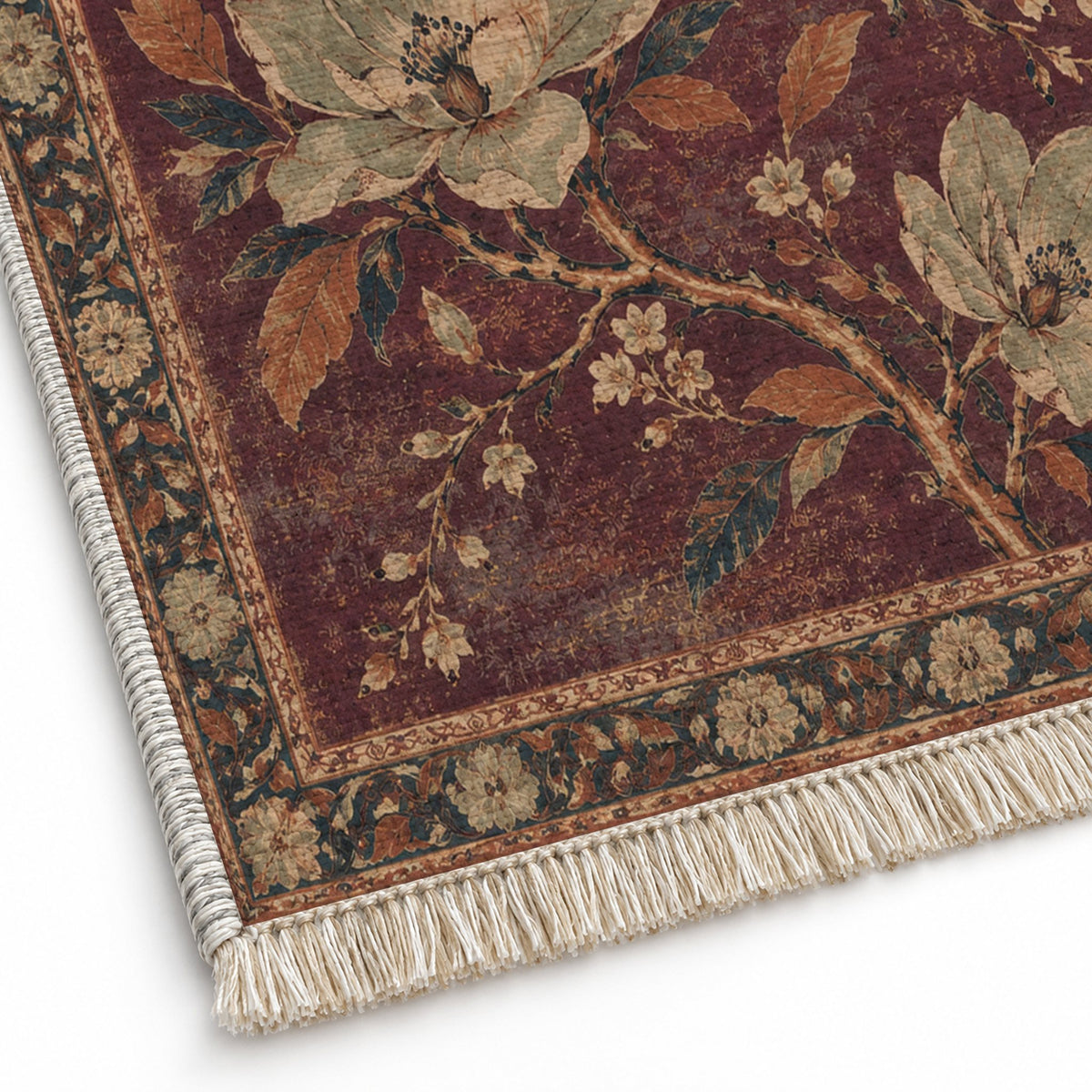 Magnolia Branch Crossing Mulberry & Celadon washable rug close-up of the printed chenille