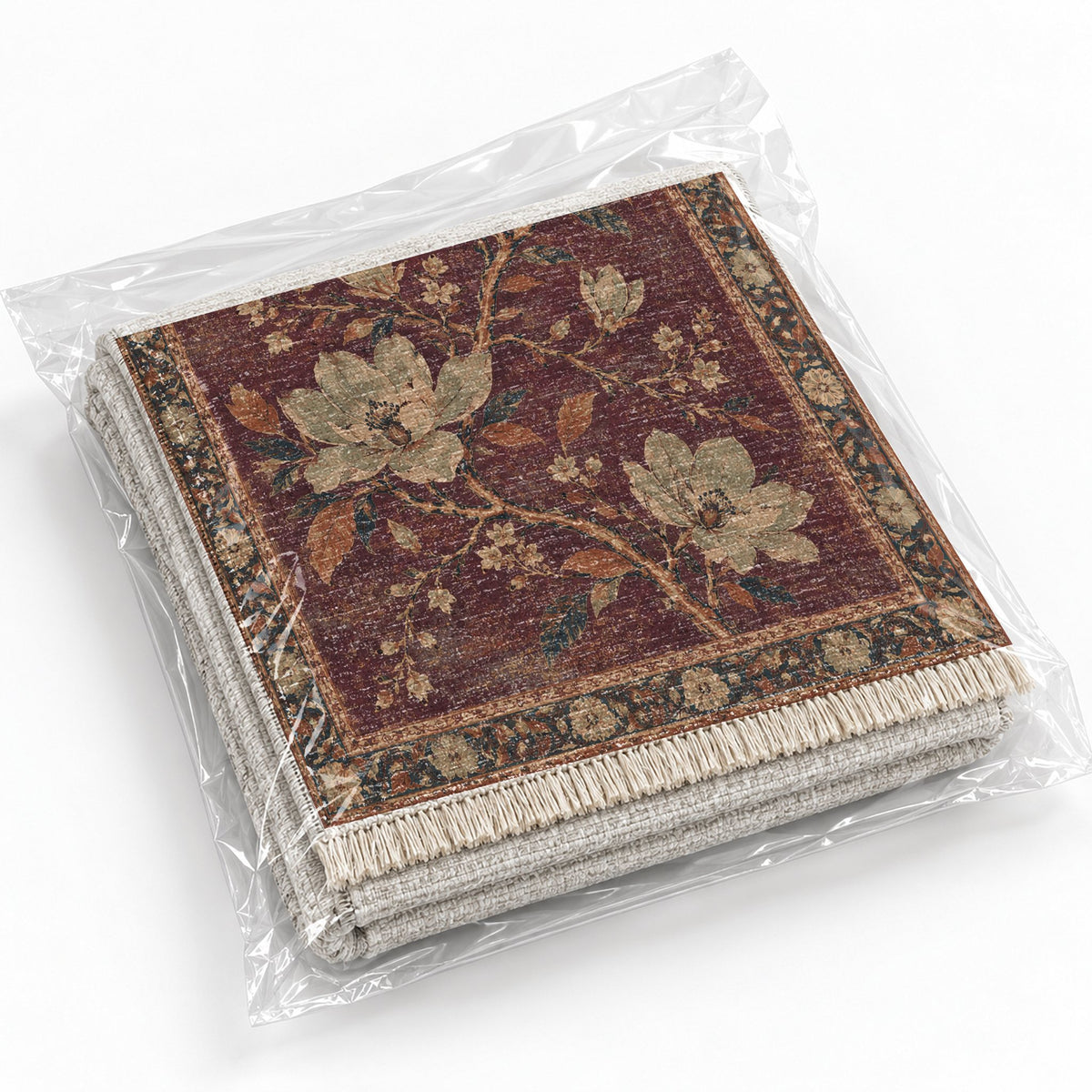 Magnolia Branch Crossing Mulberry & Celadon washable rug rolled and packaged