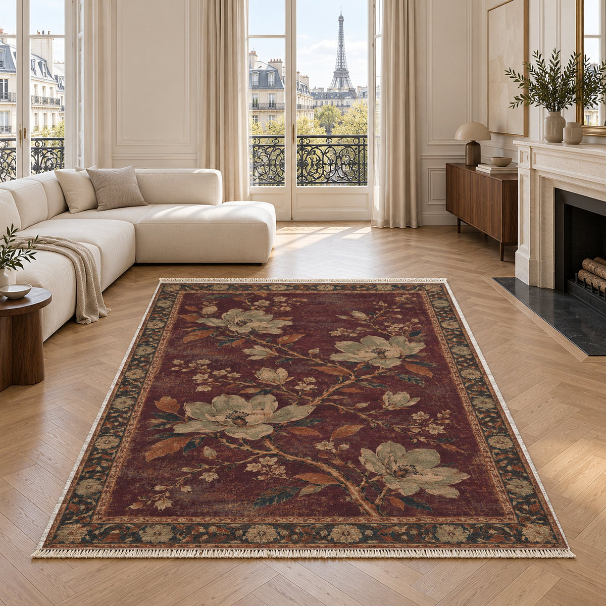 Magnolia Branch Crossing Mulberry & Celadon washable rug in a living room with an Eiffel Tower view