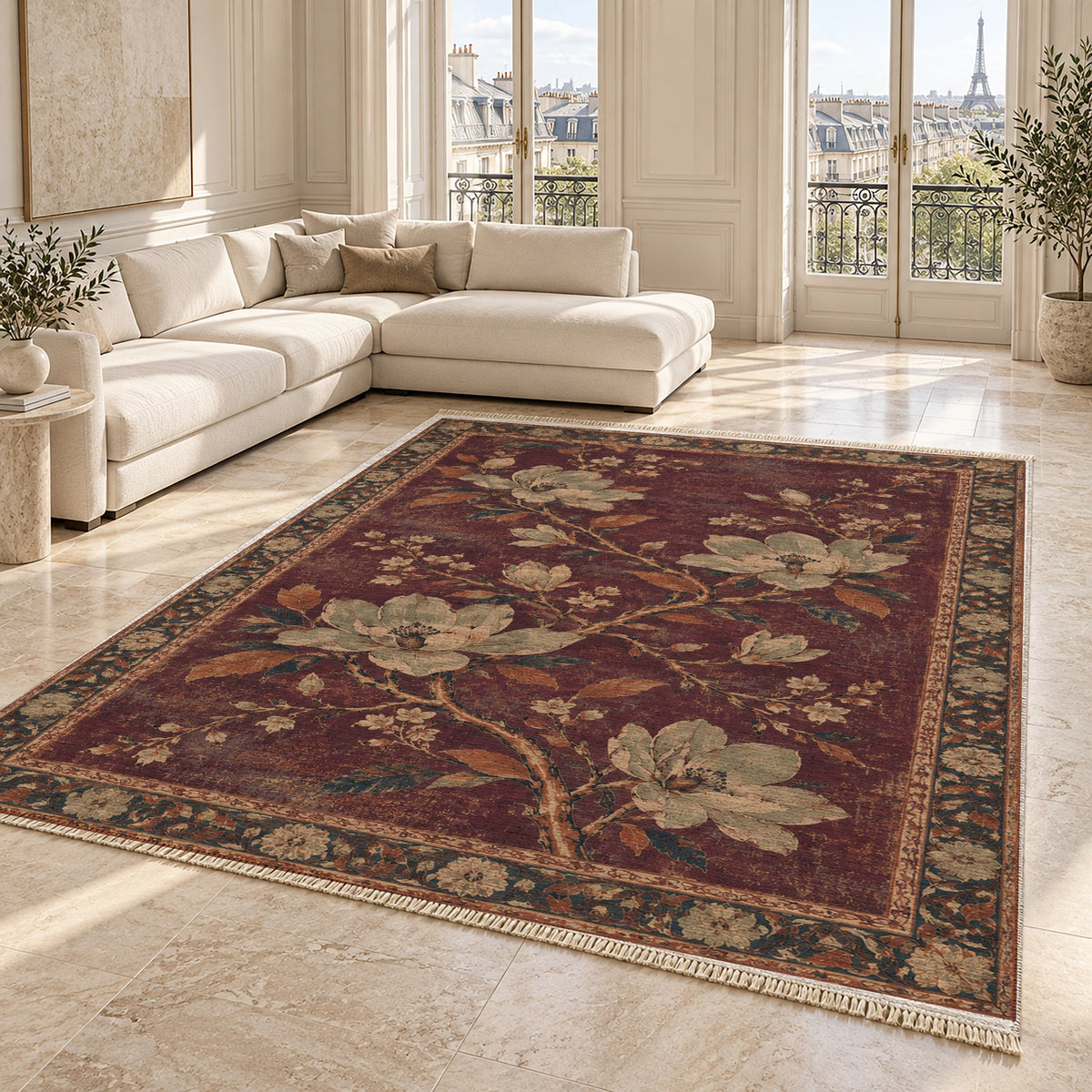 Magnolia Branch Crossing Mulberry & Celadon washable rug angled room view on marble